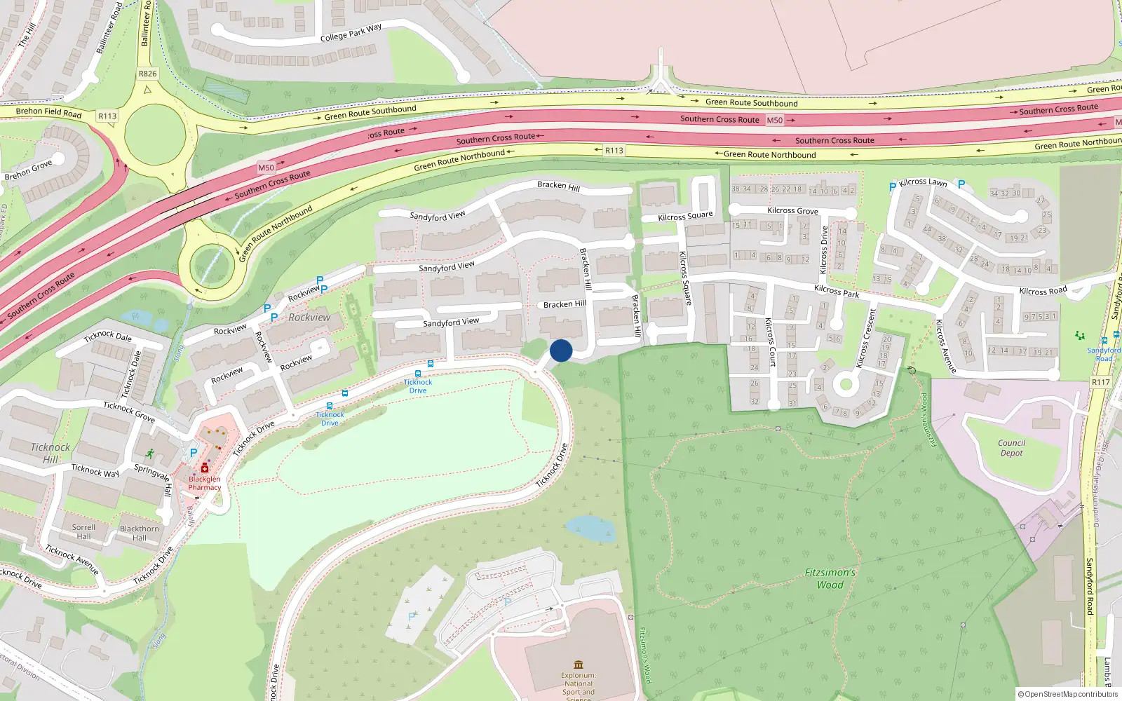 Overhead map showing the location of 4 Bracken Hill, Sandyford