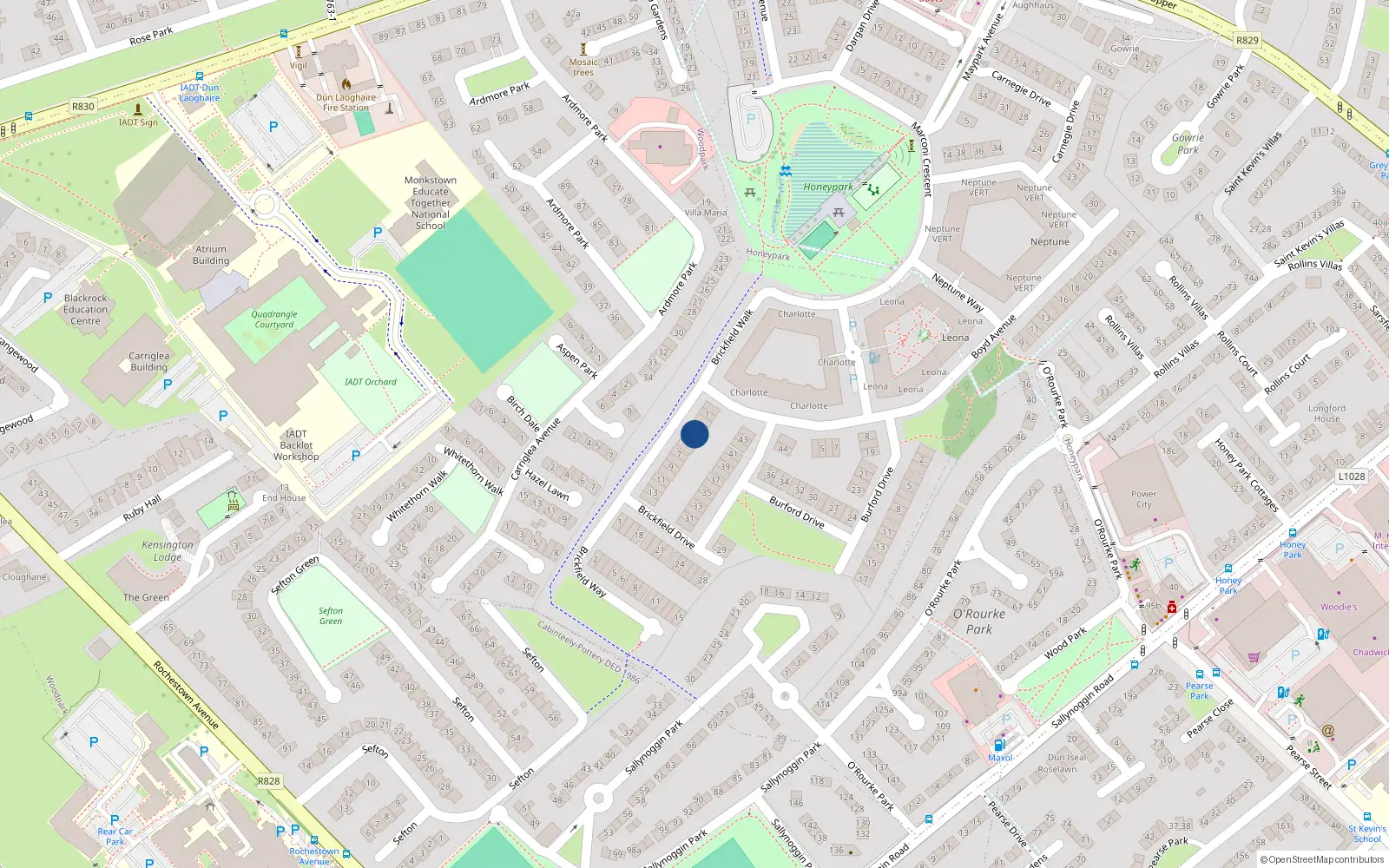 Overhead map showing the location of 4 Brickfield Drive, Dun Laoghaire