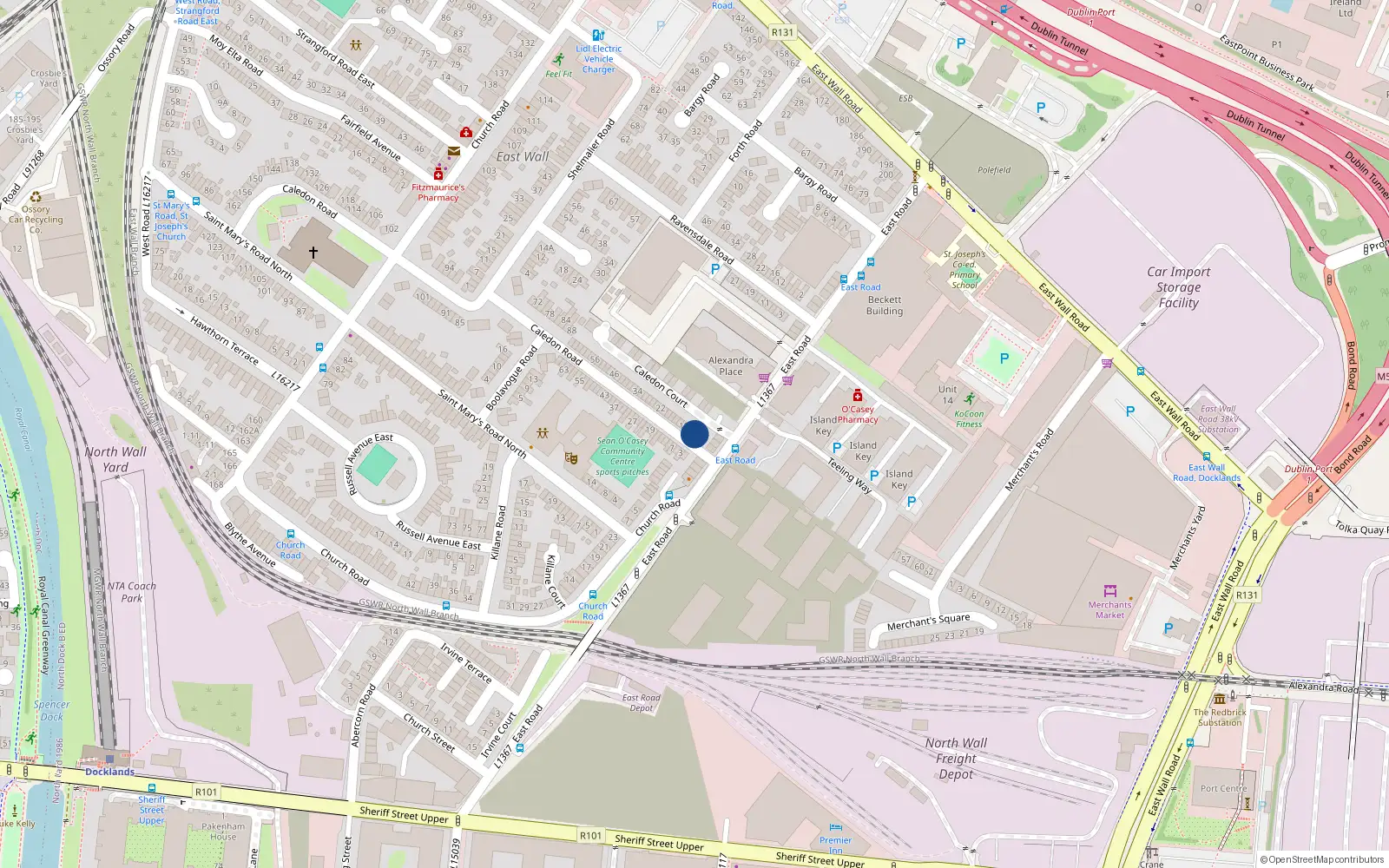 Overhead map showing the location of 4 Caledon Road, East Wall, Dublin 3