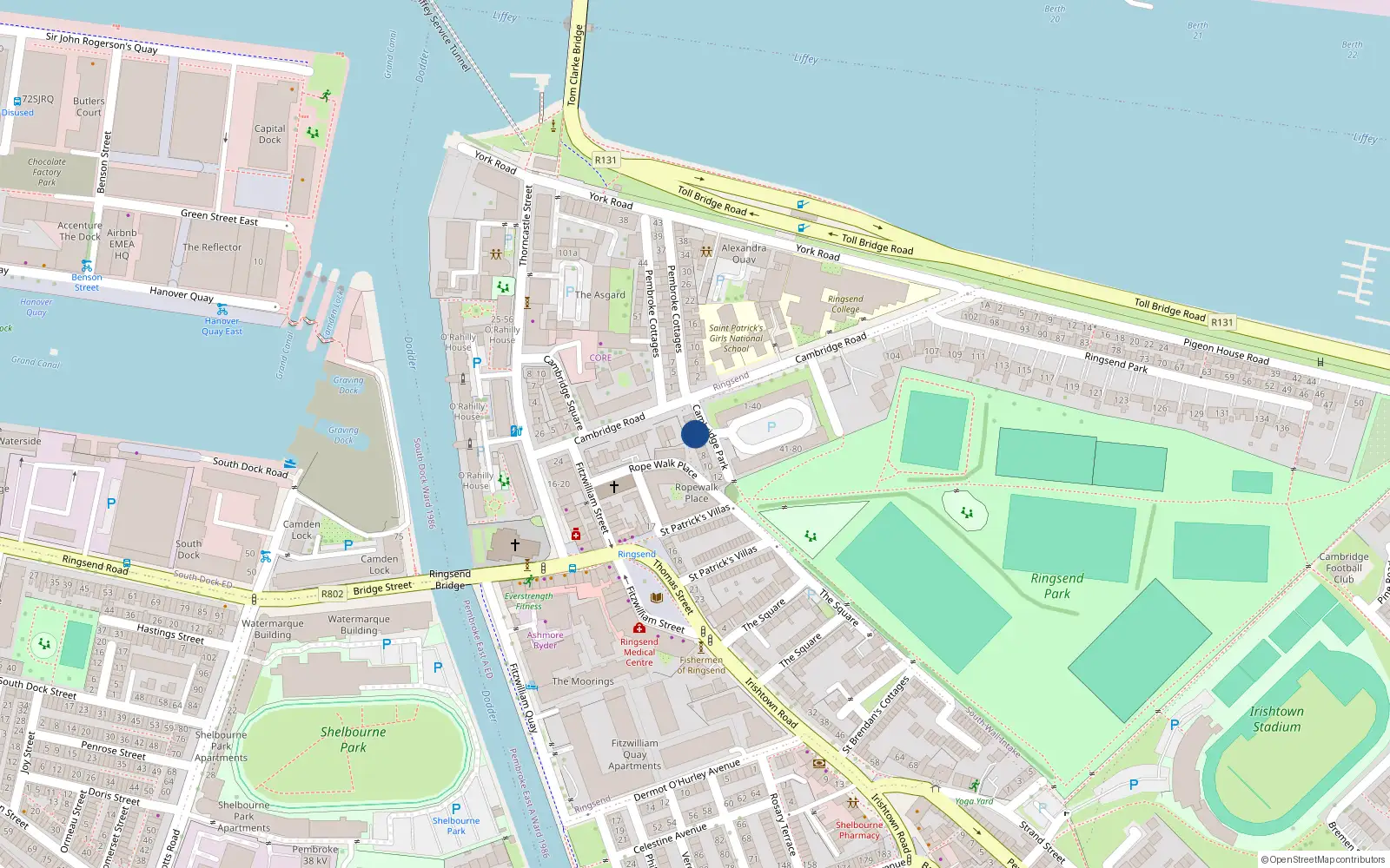 Overhead map showing the location of 4 Cambridge Park, Ringsend