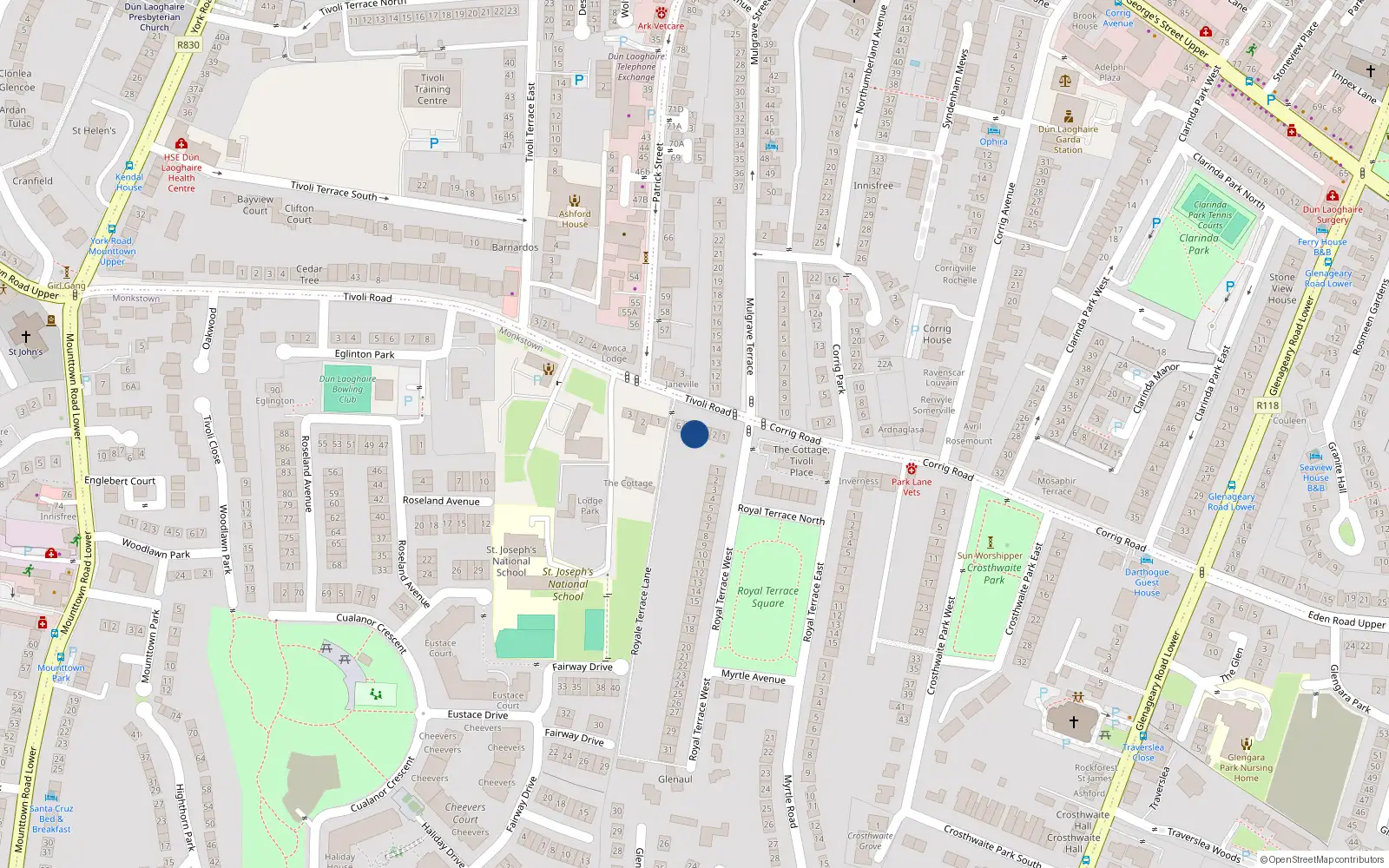 Overhead map showing the location of 4 Carlisle Terrace, Tivoli Road, Dun Laoghaire