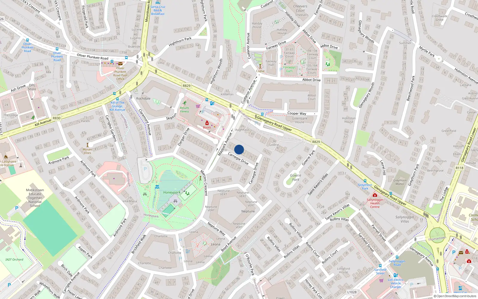 Overhead map showing the location of 4 Carnegie Drive, Dun Laoghaire