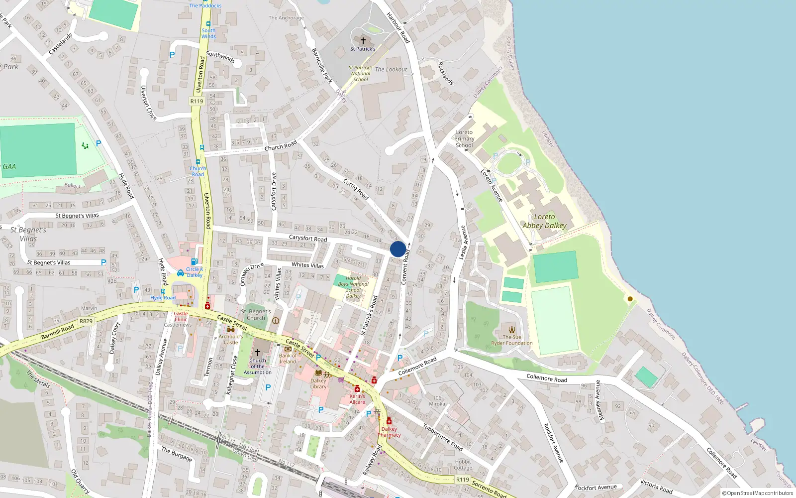 Overhead map showing the location of 4 Carysfort Road, Dalkey