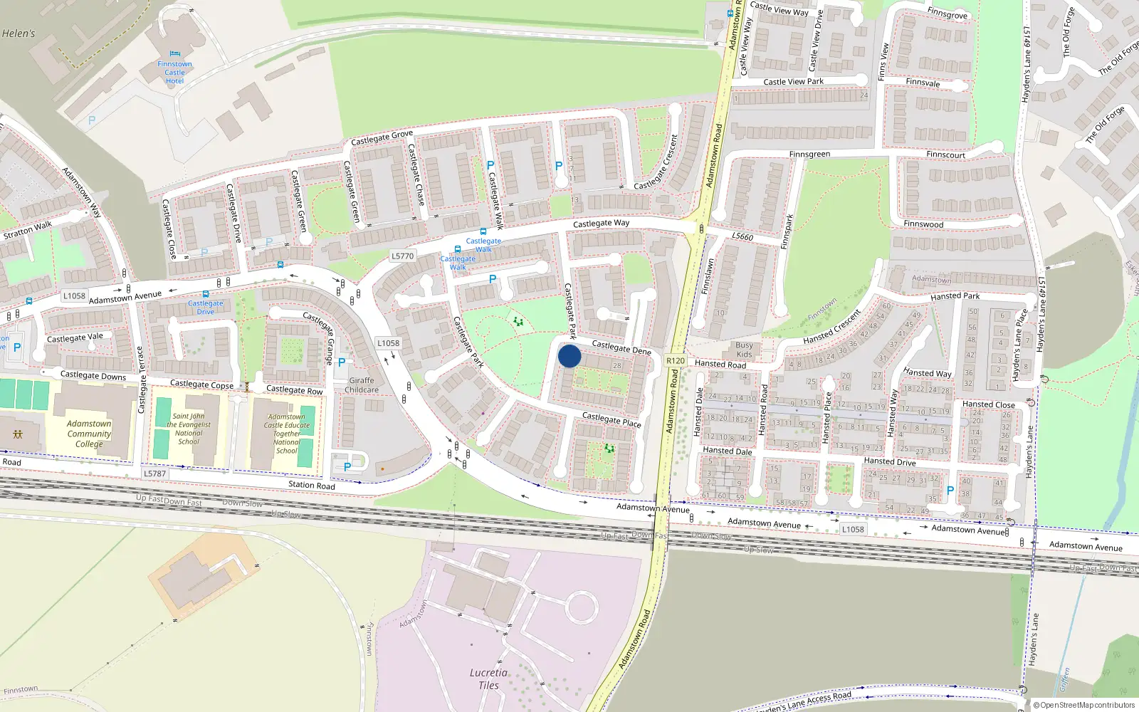 Overhead map showing the location of 4 Castlegate Dene, Adamstown, Dublin