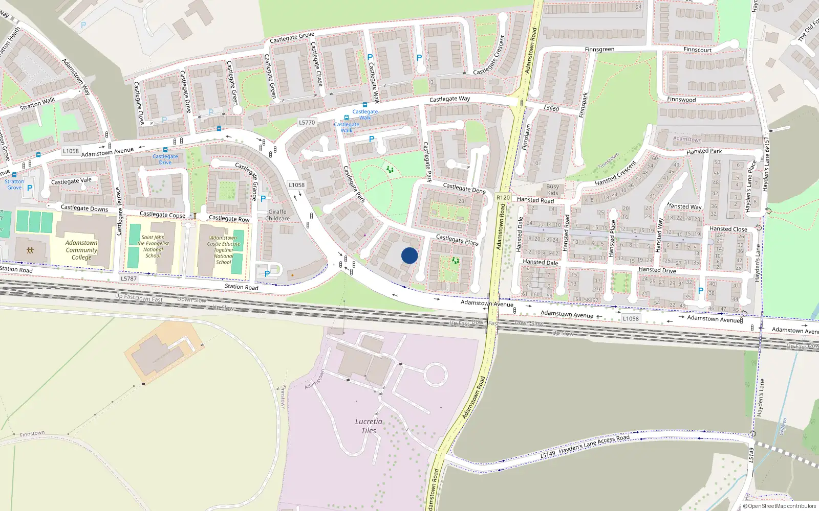 Overhead map showing the location of 4 Castlegate Heath, Adamstown, Lucan