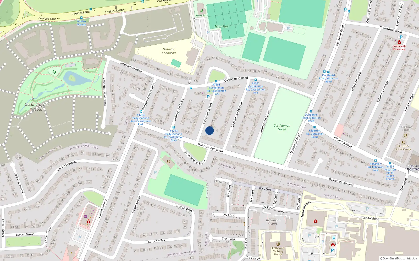 Overhead map showing the location of 4 Castletimon Park, Coolock, Dublin City
