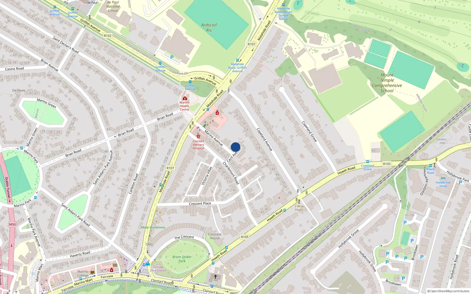 Overhead map showing the location of 4 Cecil Avenue, Clontarf, Dublin 3