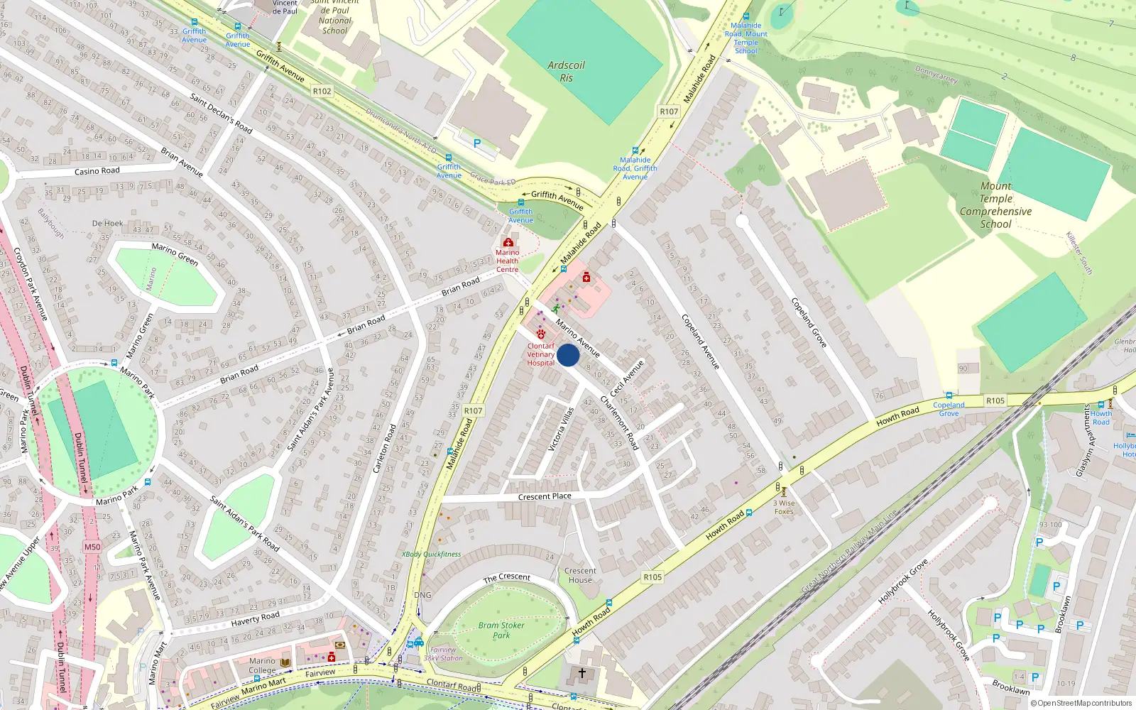 Overhead map showing the location of 4 Charlemont Road, Clontarf, Dublin 3