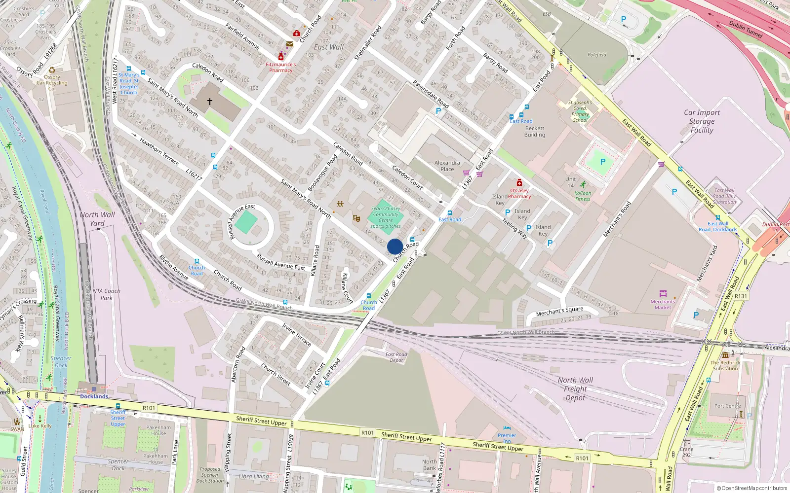 Overhead map showing the location of 4 Church Road, East Wall, Dublin 3