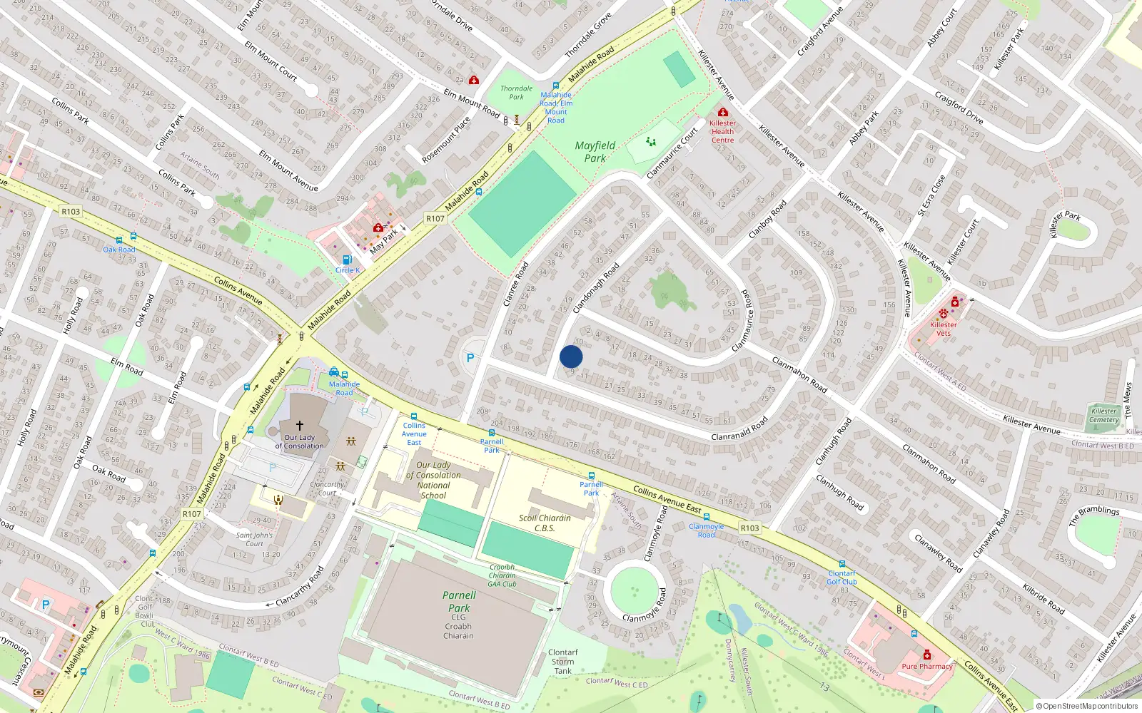 Overhead map showing the location of 4 Clandonagh Road, Donnycarney, Dublin 5
