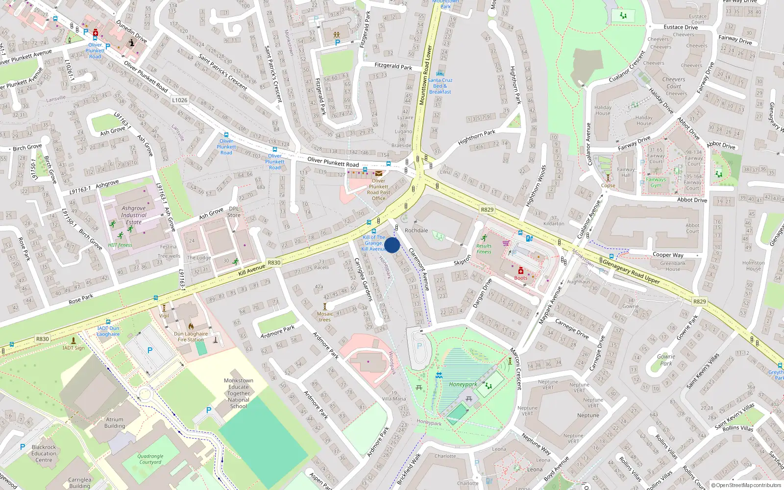 Overhead map showing the location of 4 Claremont Avenue, Dun Laoghaire