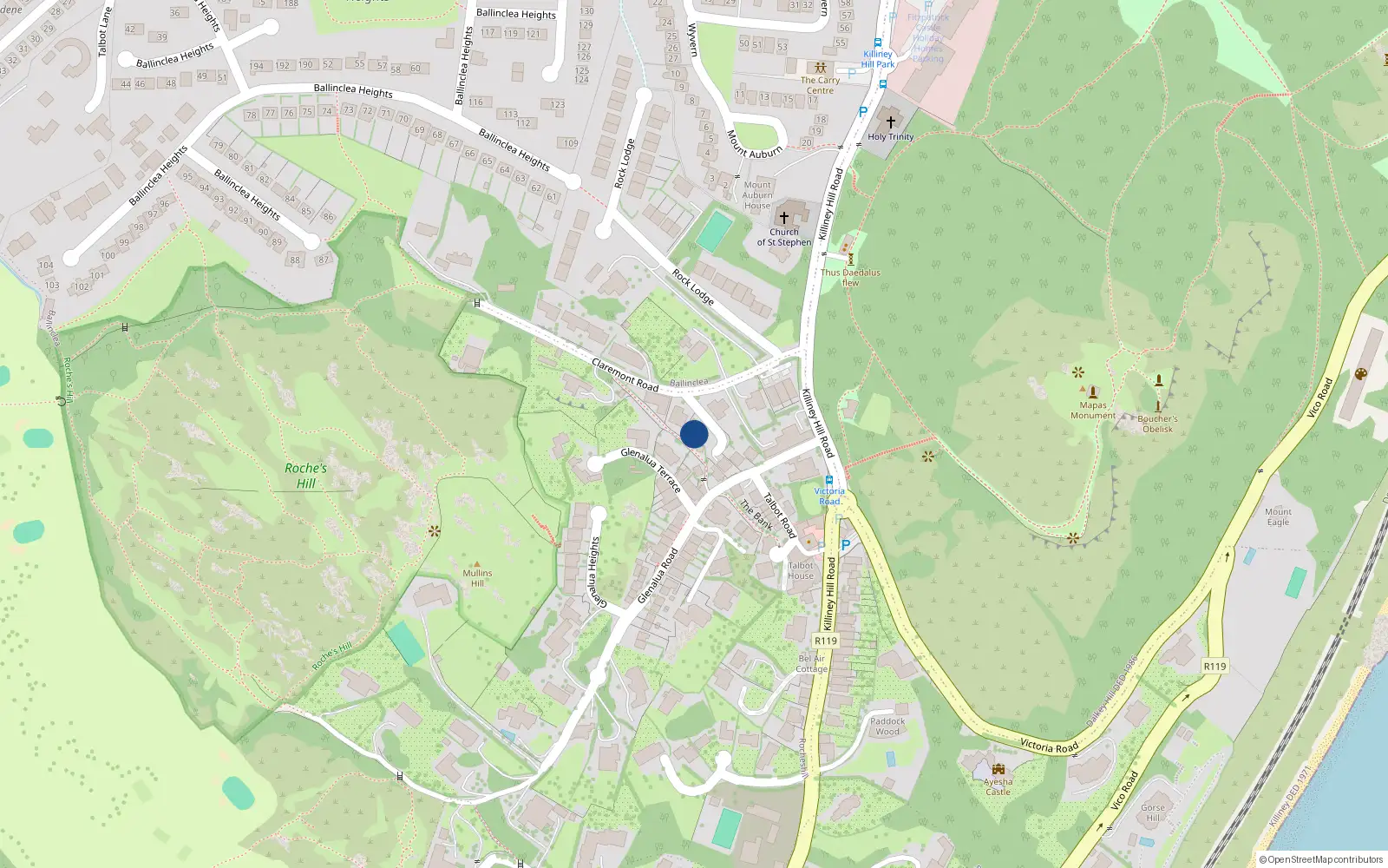 Overhead map showing the location of 4 Claremont Grove, Killiney, Co Dublin