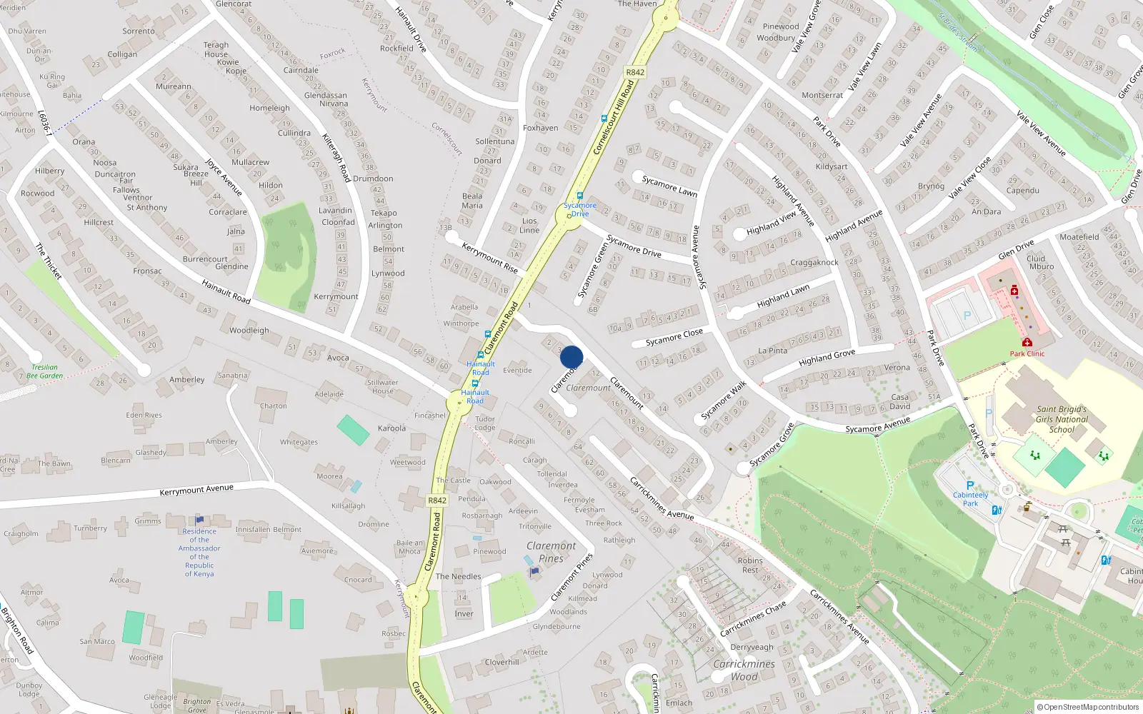 Overhead map showing the location of 4 Claremount, Dublin 18