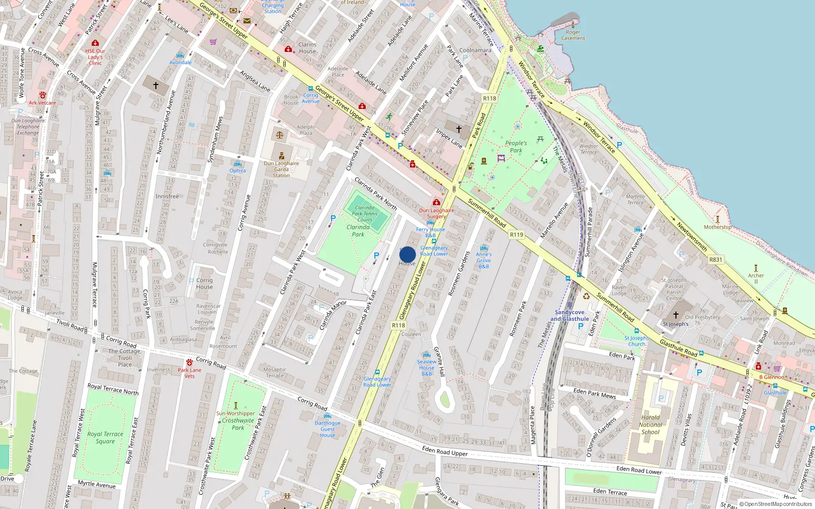 Overhead map showing the location of 4 Clarinda Park East, Co Dublin