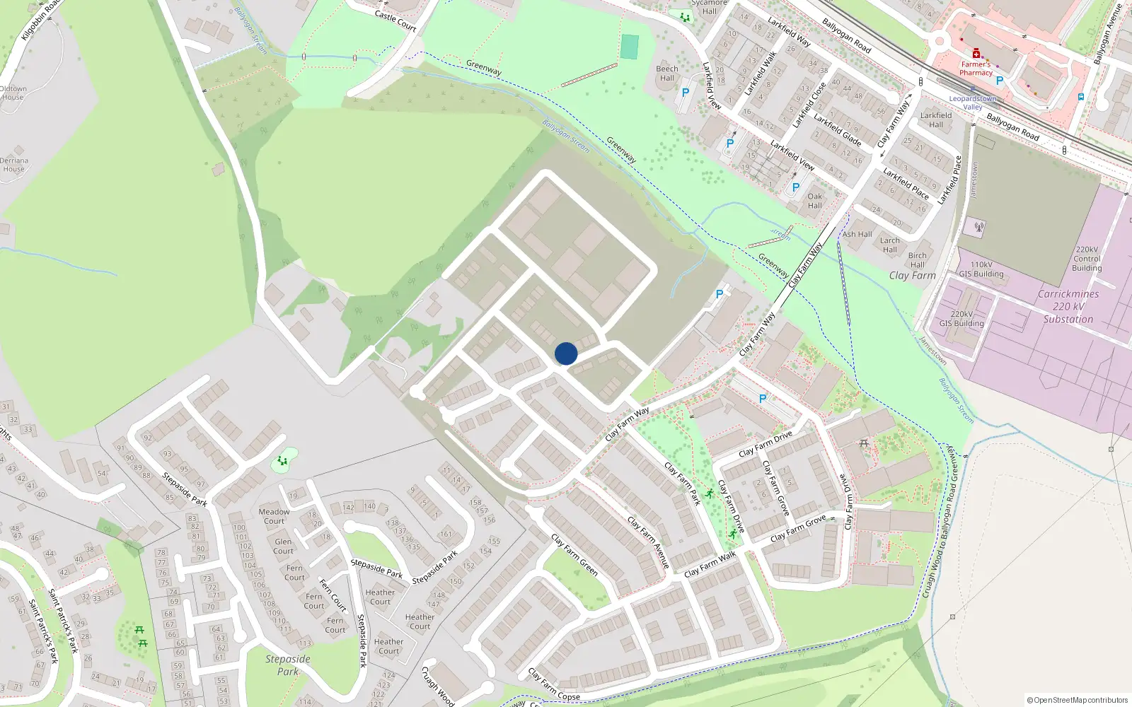 Overhead map showing the location of 4 Clay Farm Glade, Dublin 18