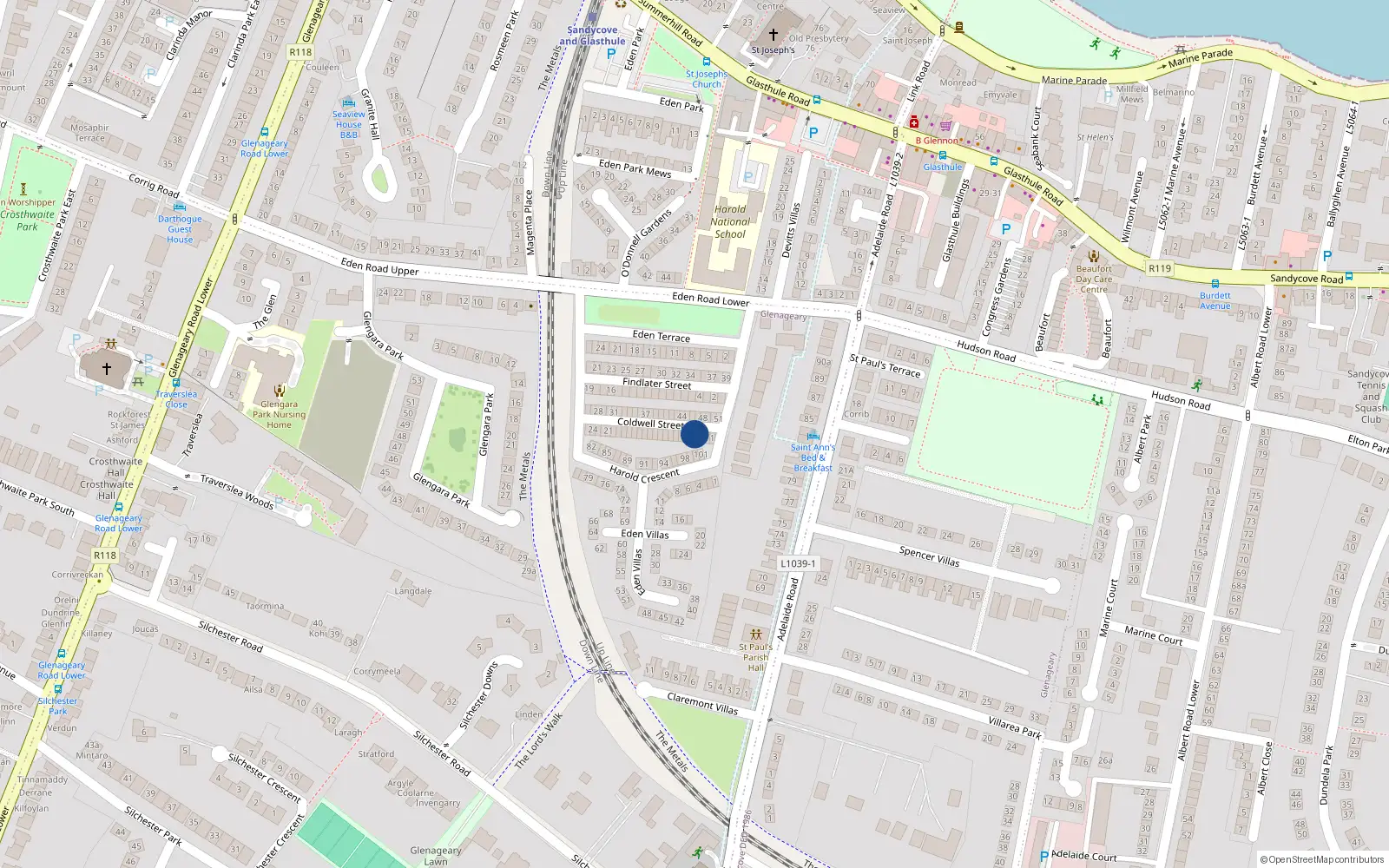 Overhead map showing the location of 4 Coldwell Street, Dublin