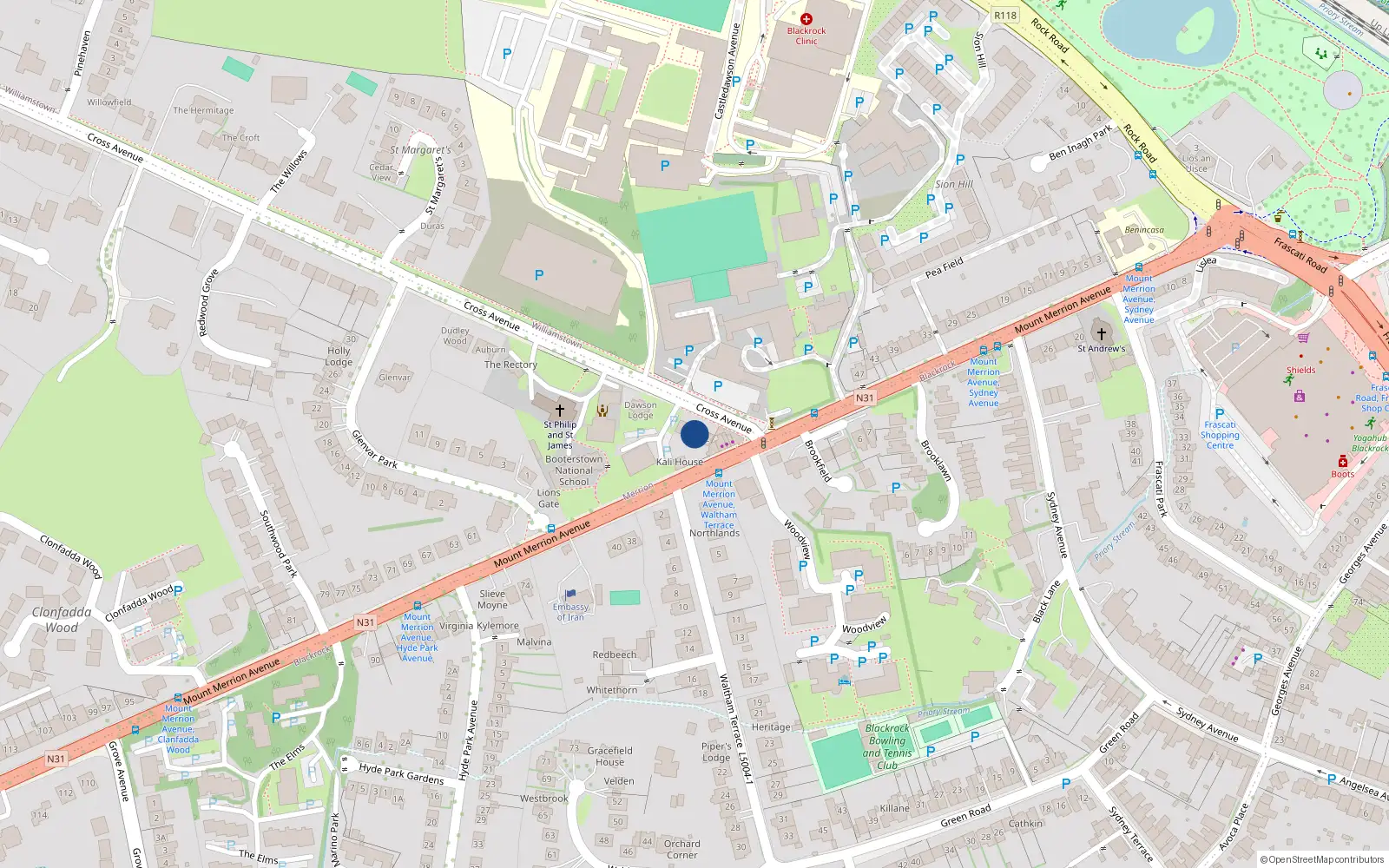 Overhead map showing the location of 4 Cross Avenue, Blackrock, Co Dublin