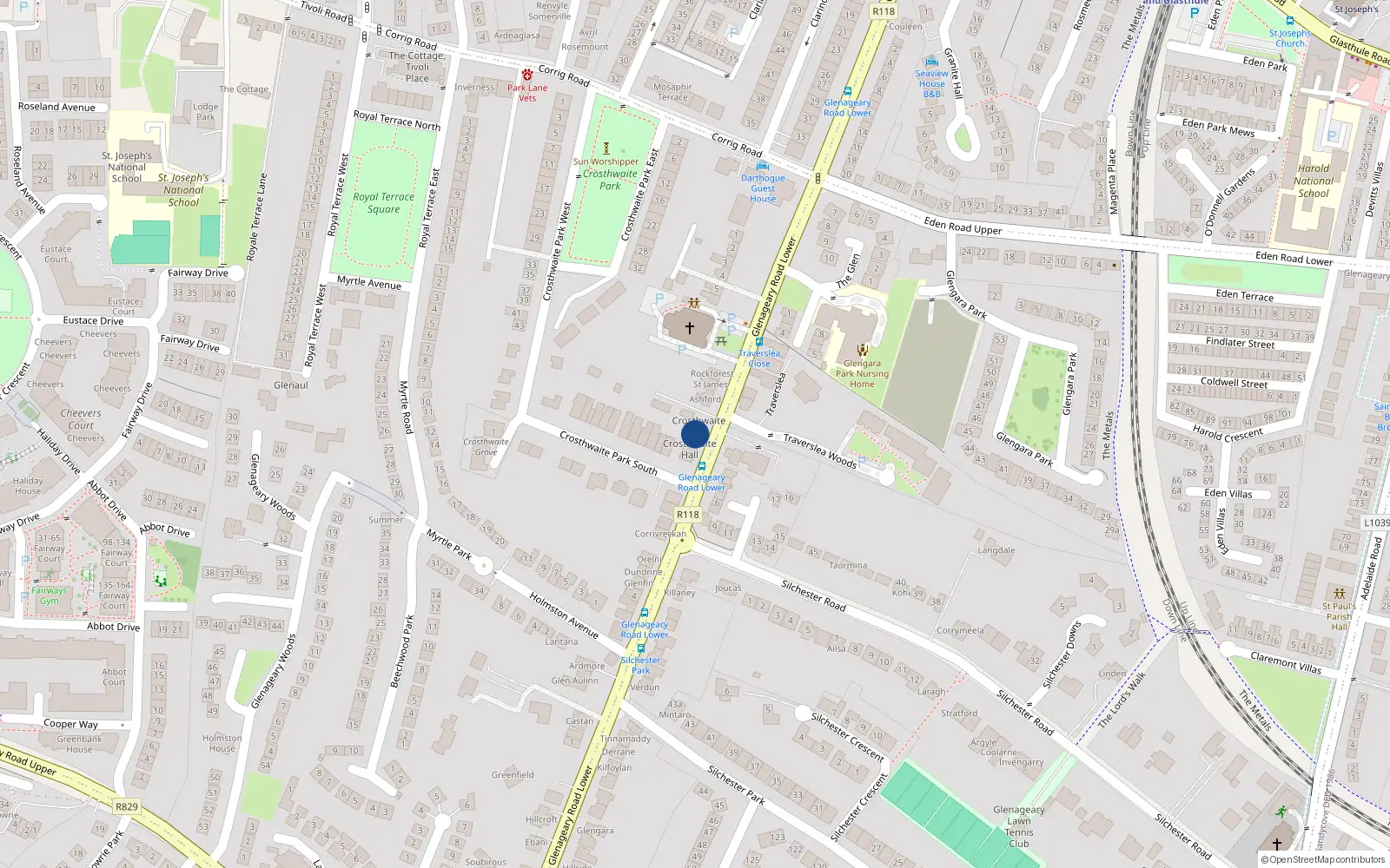 Overhead map showing the location of 4 Crosthwaite Hall, Lower Glenageary Road, Dun Laoghaire