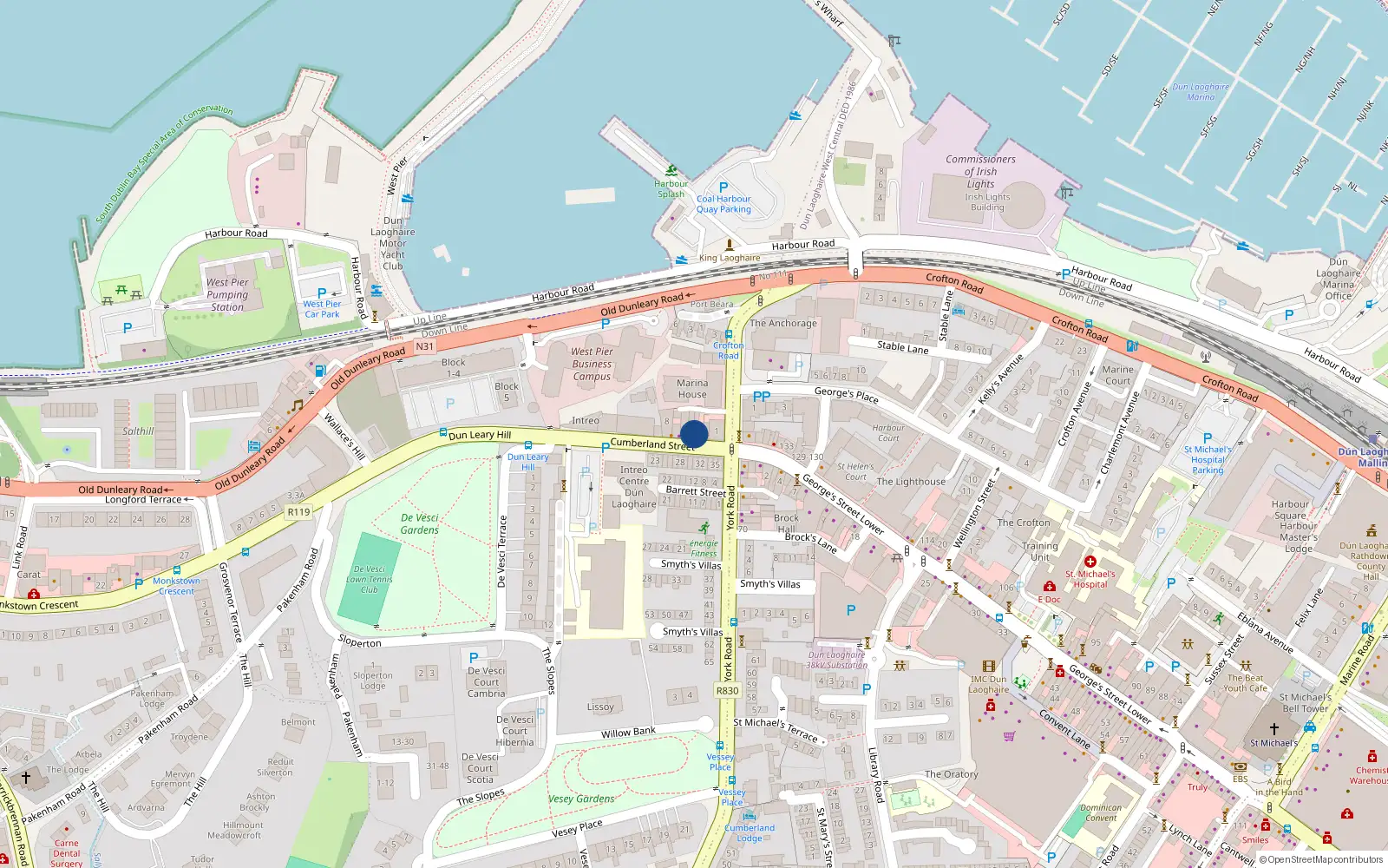 Overhead map showing the location of 4 Cumberland Street, Dun Laoghaire, Co Dublin