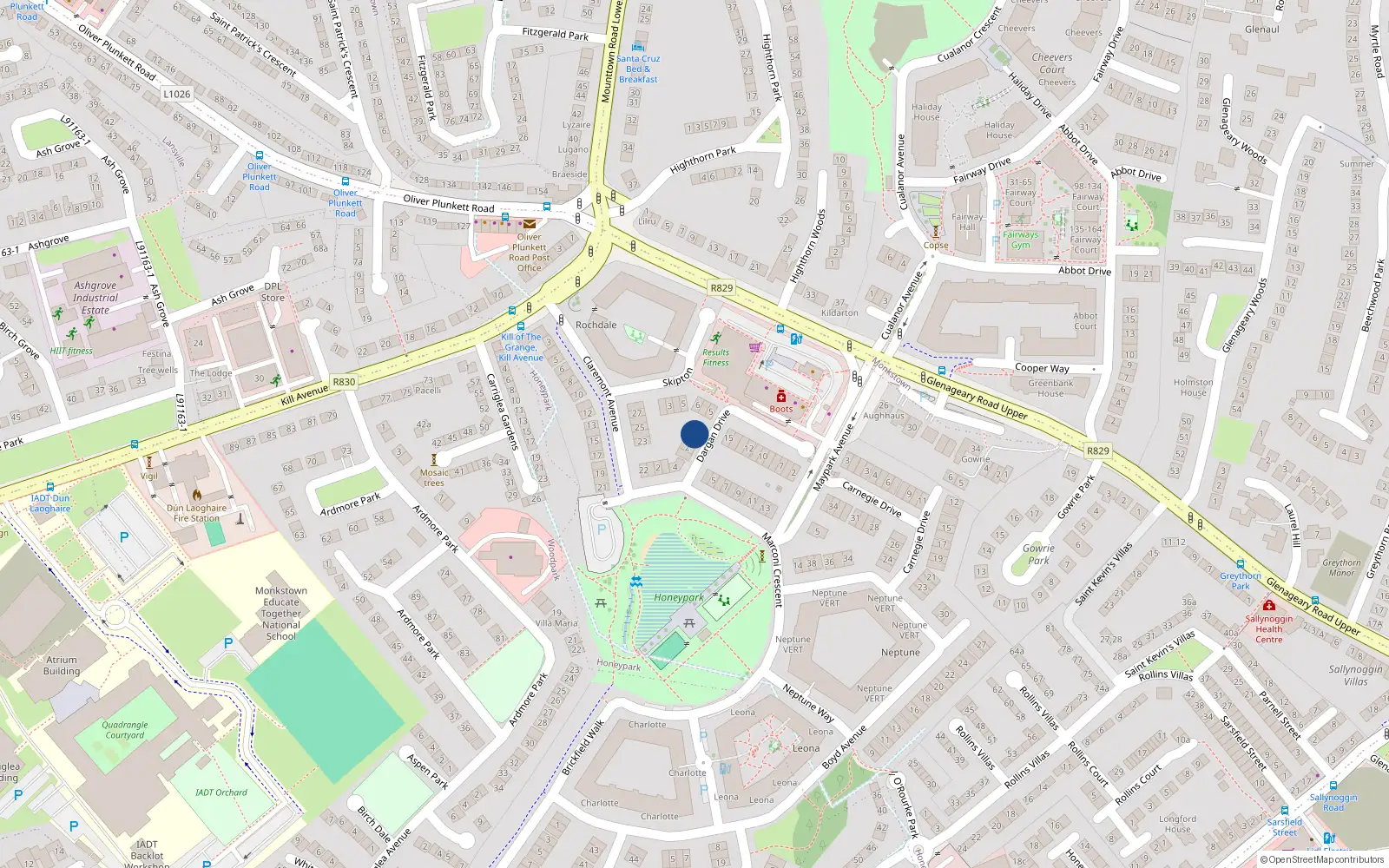 Overhead map showing the location of 4 Dargan Drive, Dun Laoghaire