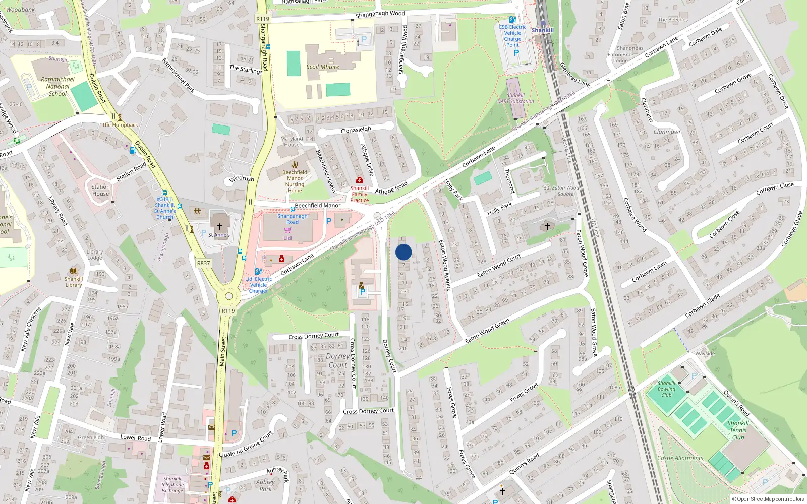Overhead map showing the location of 4 Dorney Court, Shankill