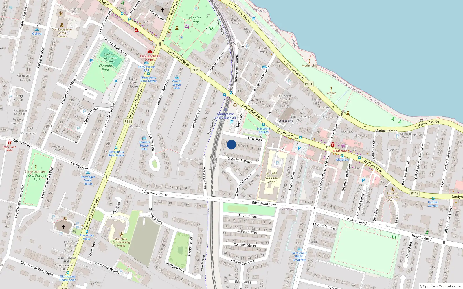 Overhead map showing the location of 4 Eden Park, Glasthule