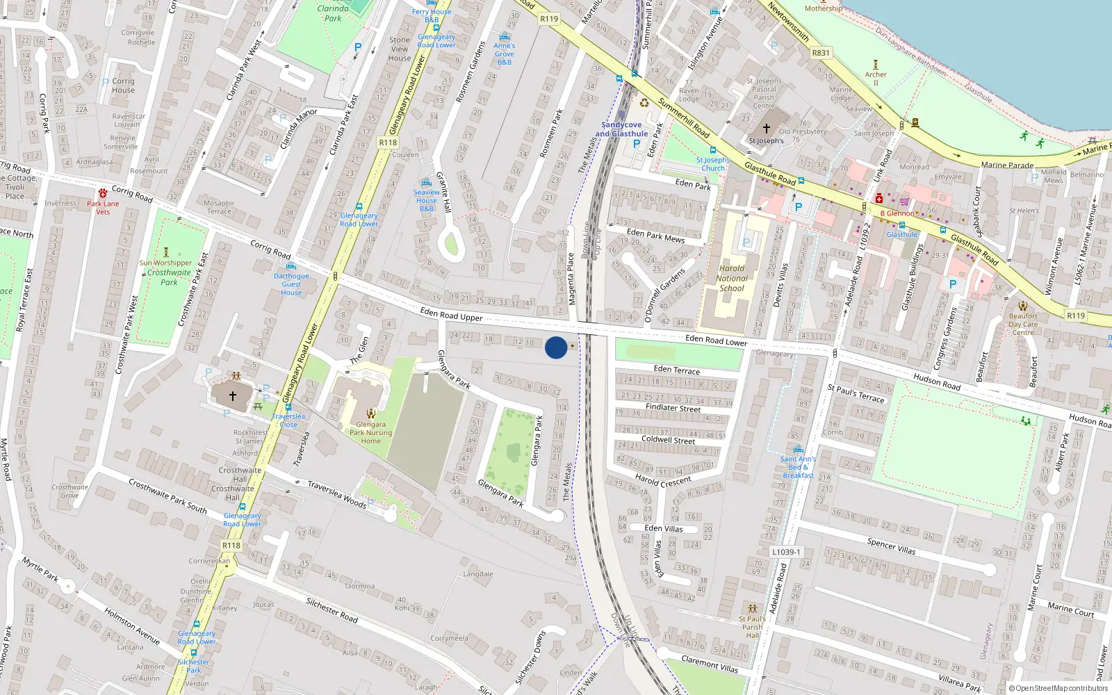 Overhead map showing the location of 4 Eden Road Upper, Sandycove, Co Dublin