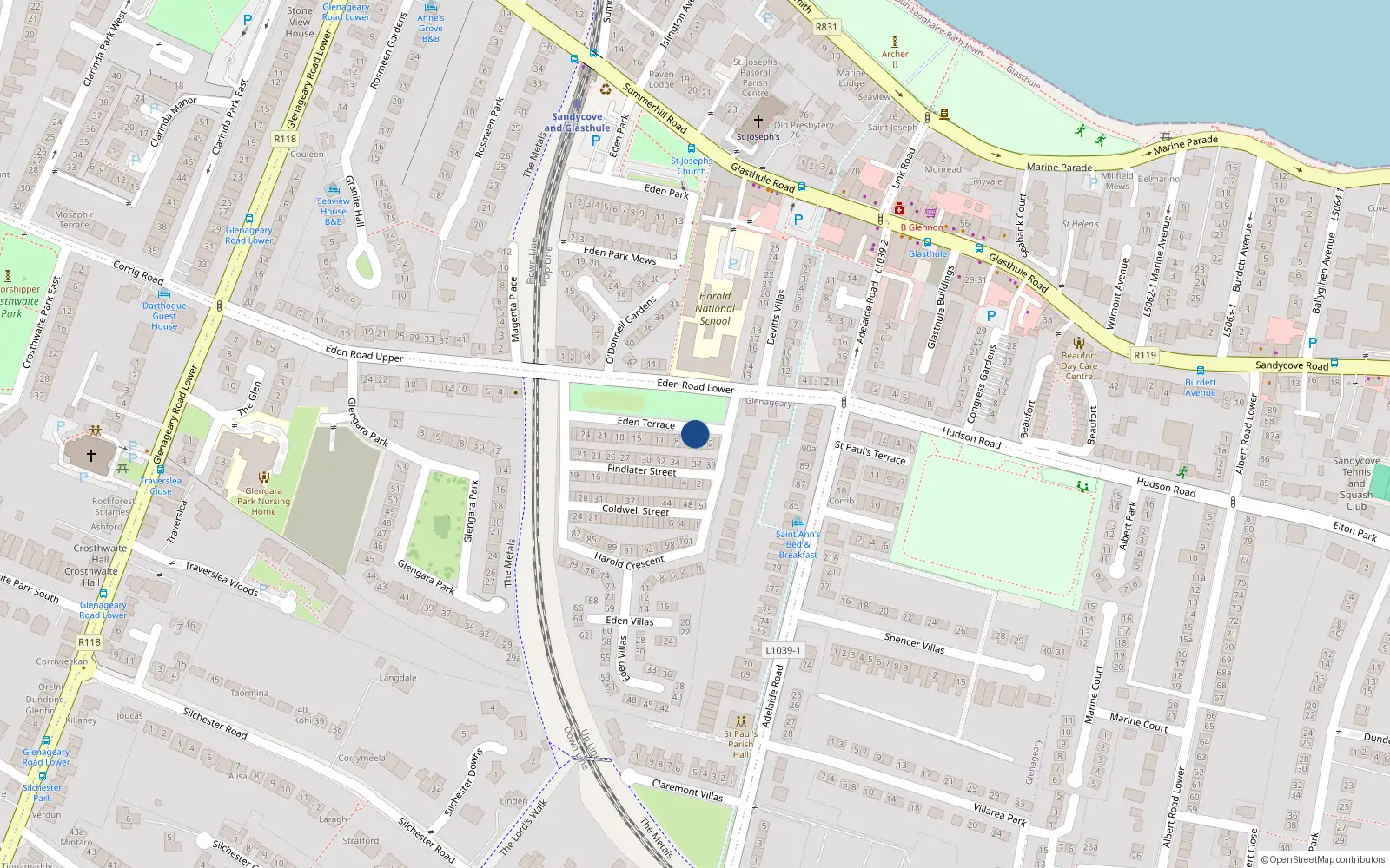 Overhead map showing the location of 4 Eden Terrace, Glasthule