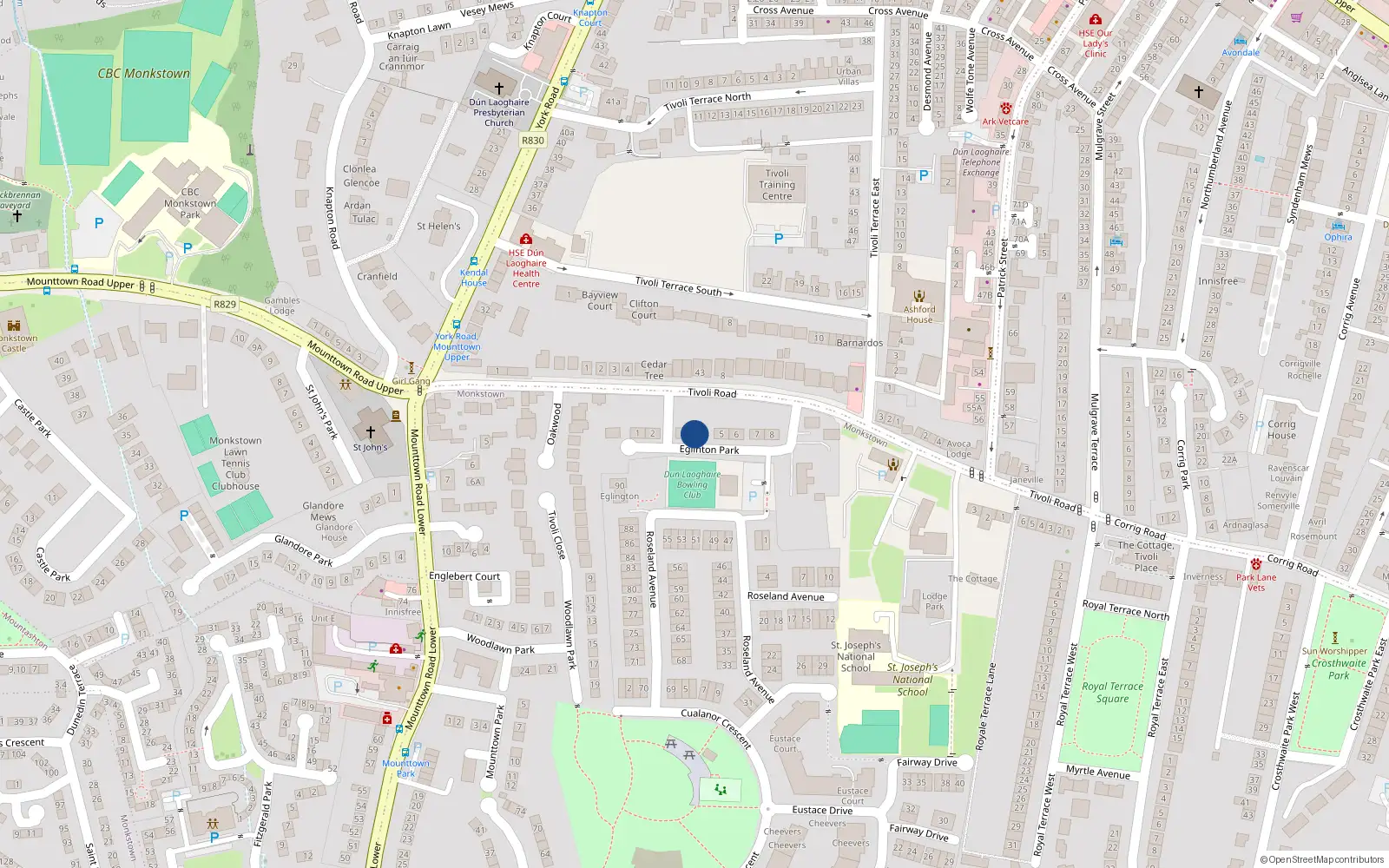 Overhead map showing the location of 4 Eglinton Park, Dun Laoghaire, Dublin