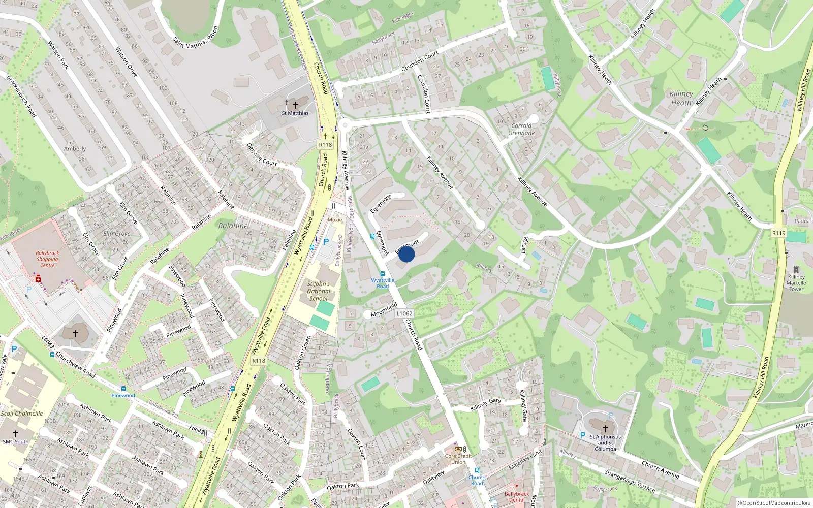 Overhead map showing the location of 4 Egremont, Church Road, Killiney