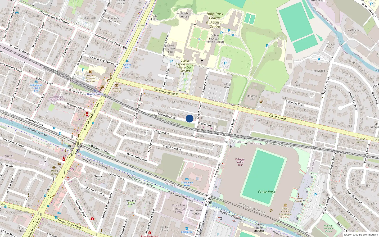 Overhead map showing the location of 4 Elizabeth St, Off Clonliffe Road, Dublin 3