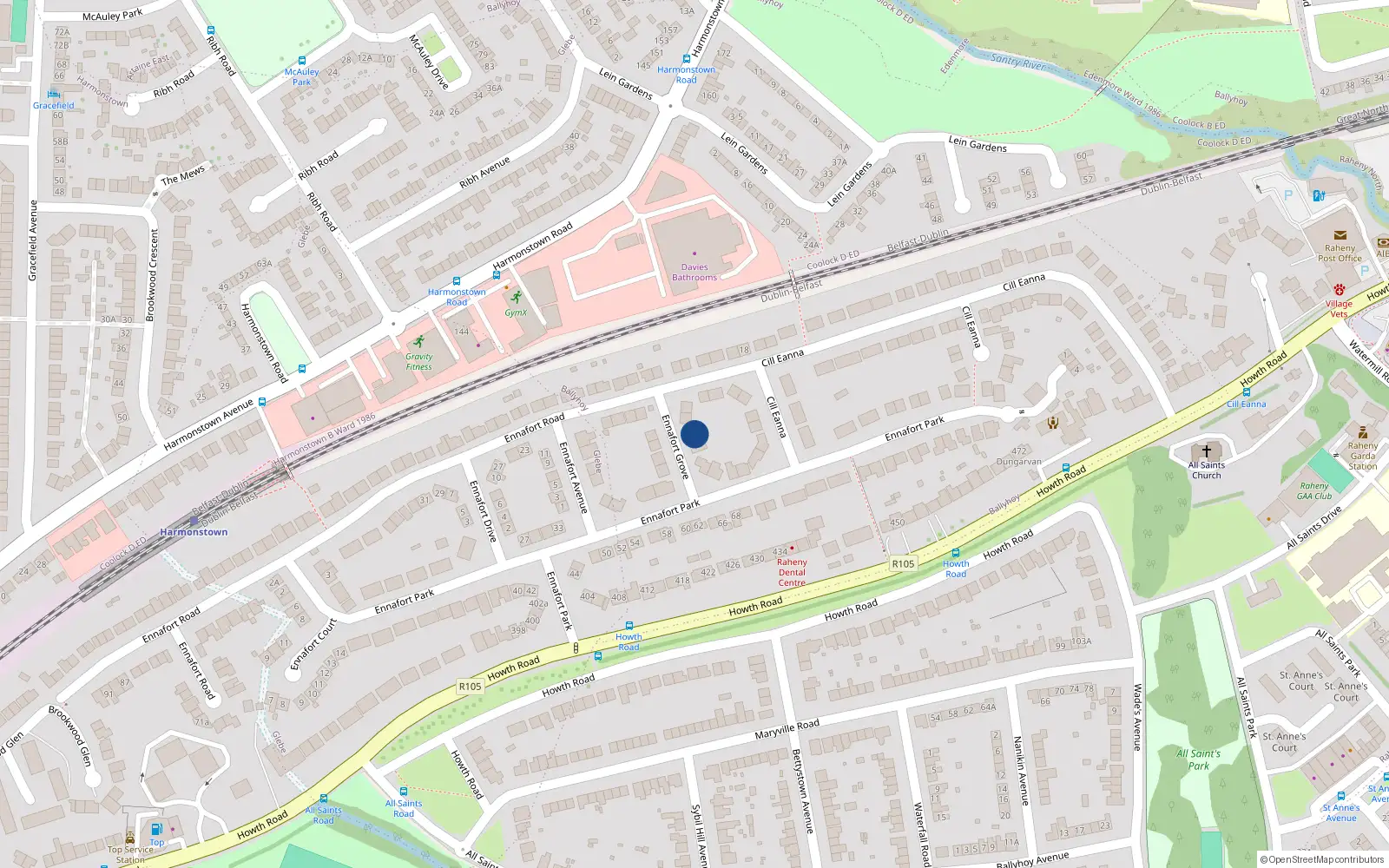 Overhead map showing the location of 4 Ennafort Grove, Dublin 5