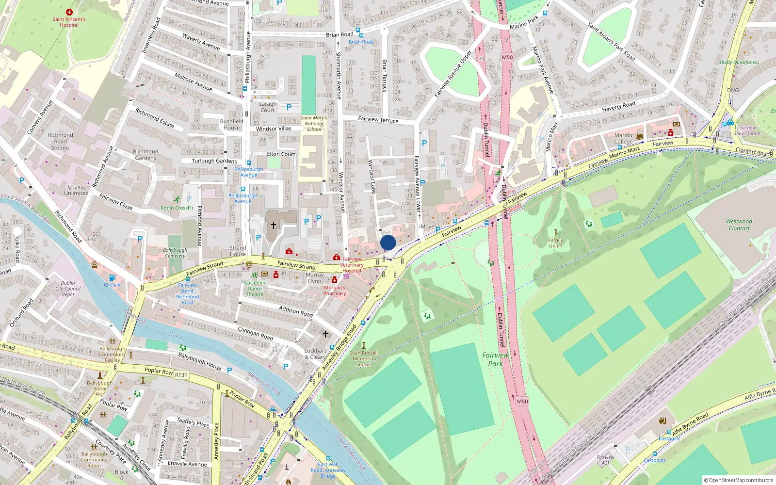 Overhead map showing the location of 3-4 Fairview, Dublin 3