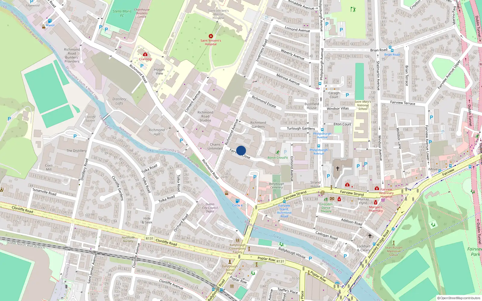 Overhead map showing the location of 4 Fairview Close, Fairview Strand, Richmond Road Dublin 3