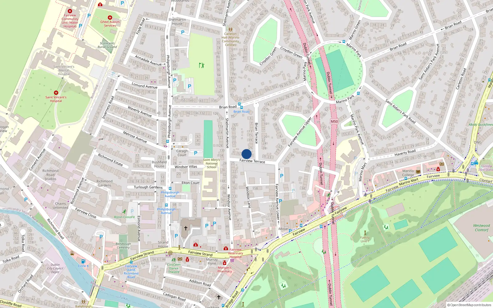 Overhead map showing the location of 4 Fairview Terrace, Dublin 3