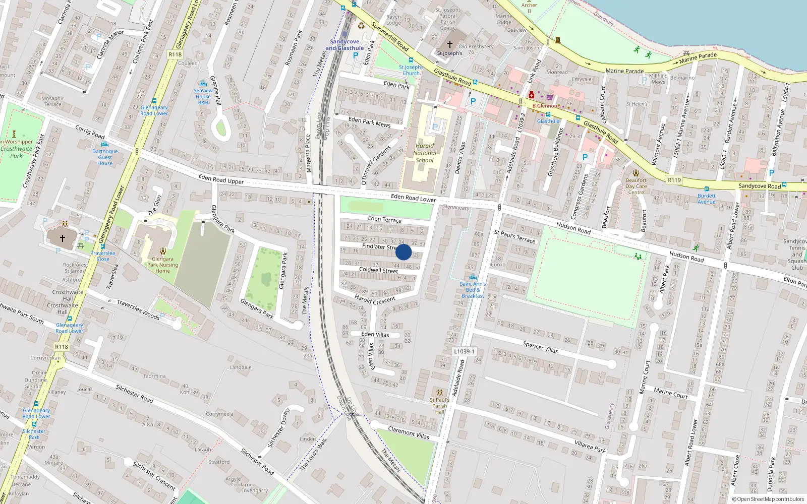 Overhead map showing the location of 4 Findlater St, Glasthule, Dublin
