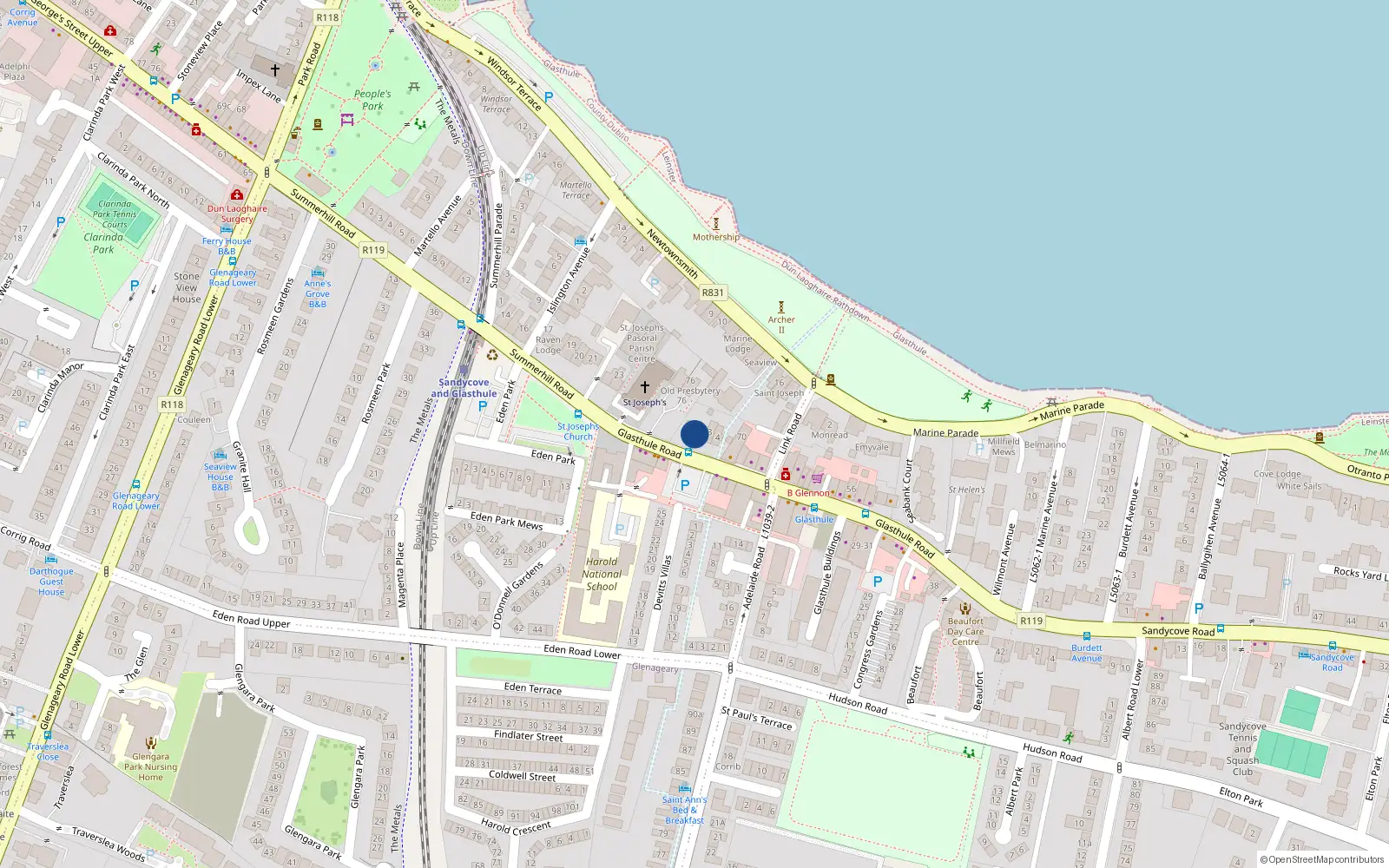 Overhead map showing the location of 4 Glen Terrace, Glasthule Road, Glasthule