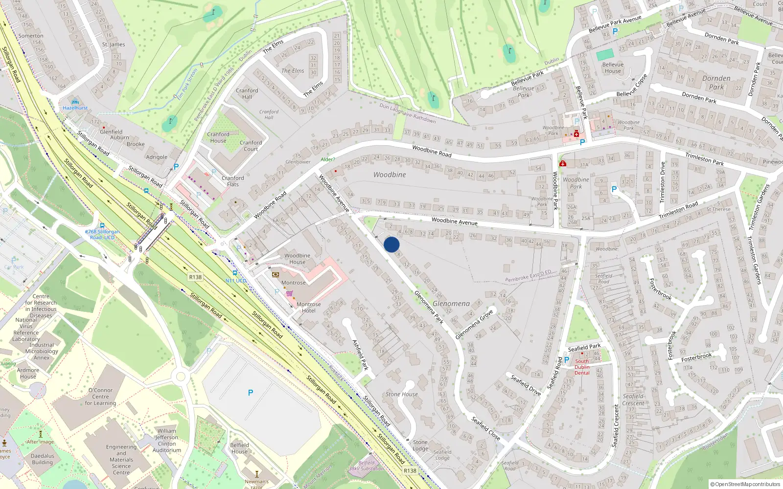 Overhead map showing the location of 4 Glenomena Park, Booterstown, Blackrock
