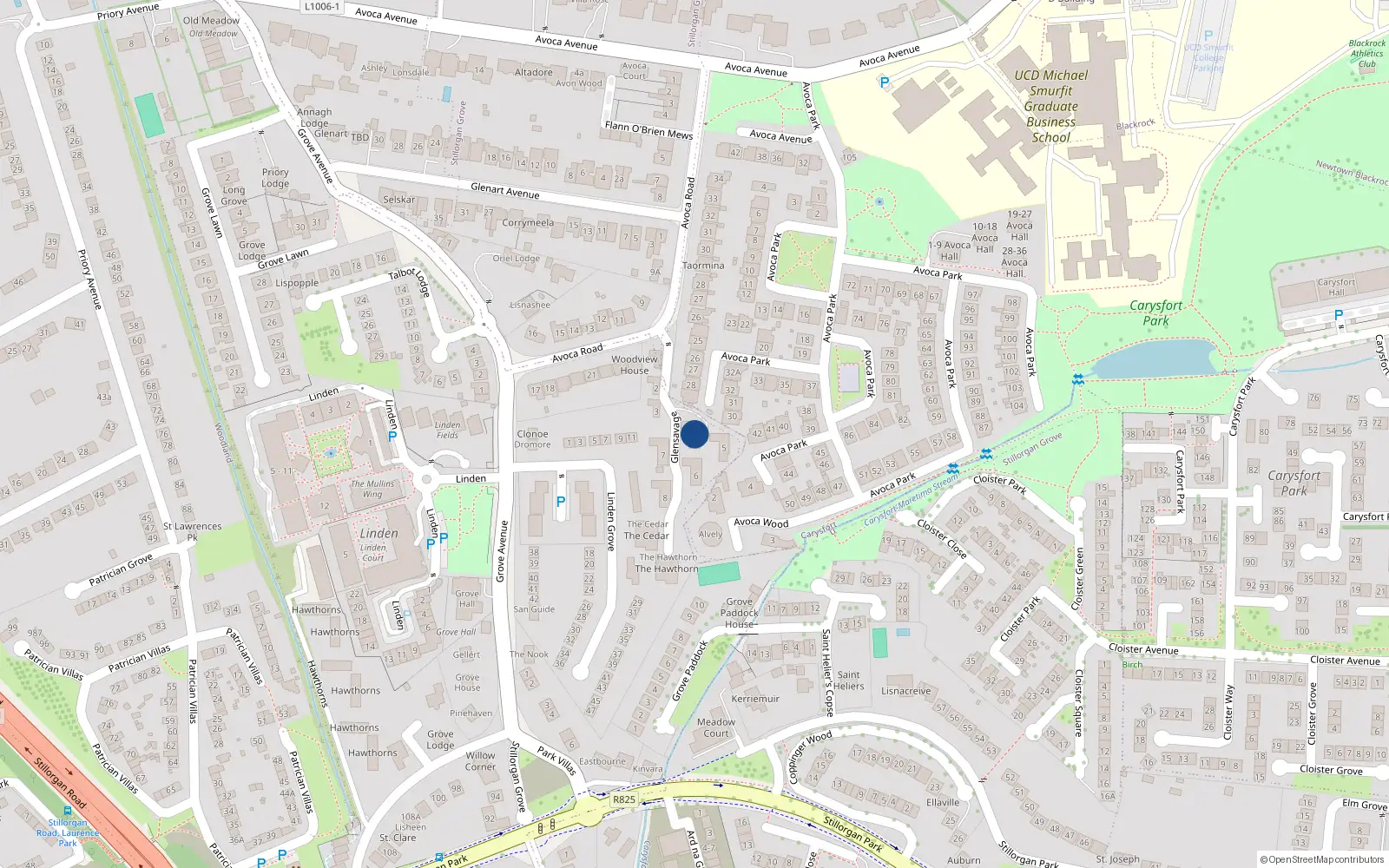 Overhead map showing the location of 4 Glensavage, Avoca Road, Blackrock