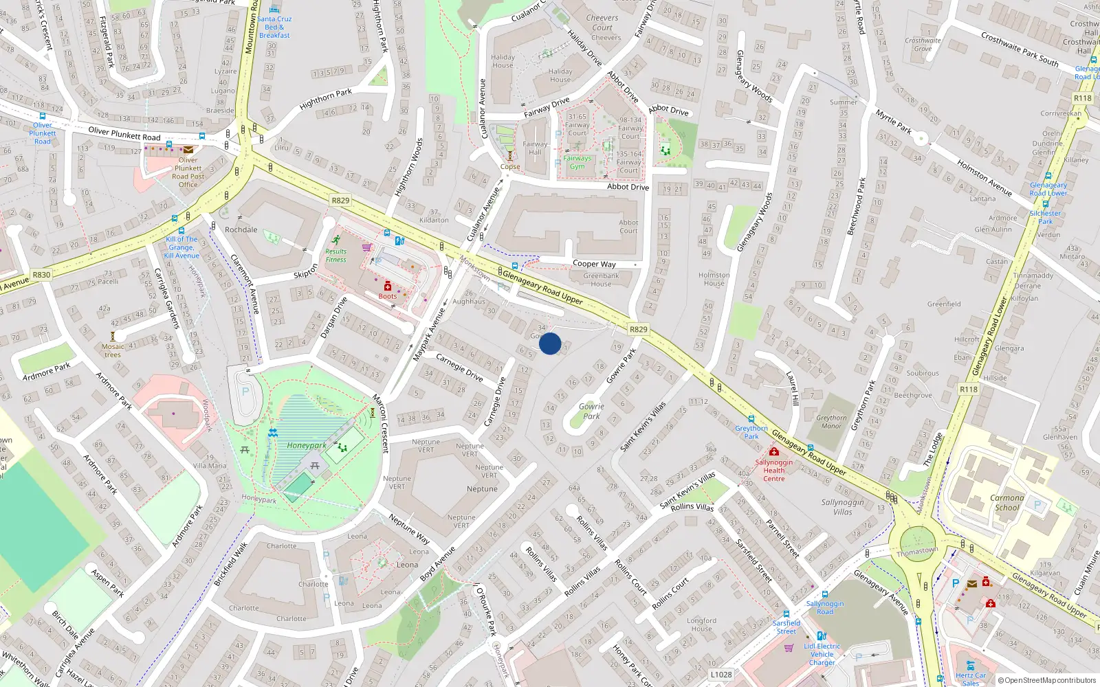 Overhead map showing the location of 4 Gowrie, Glenageary