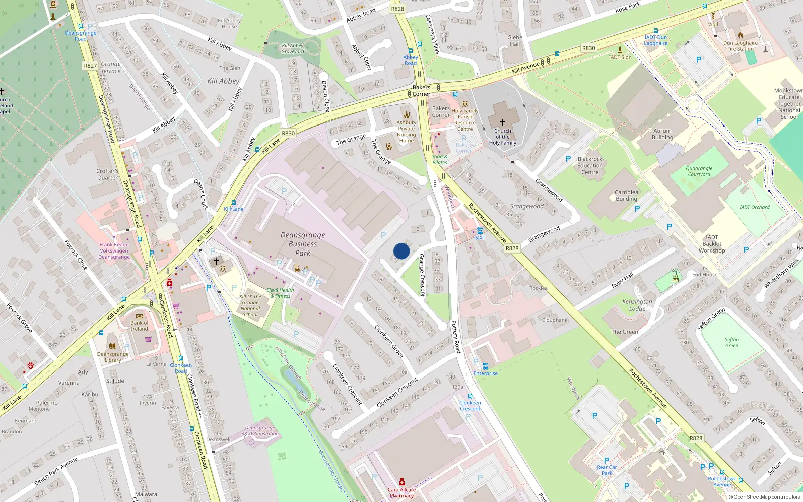 Overhead map showing the location of 4 Grange Crescent, Dun Laoghaire