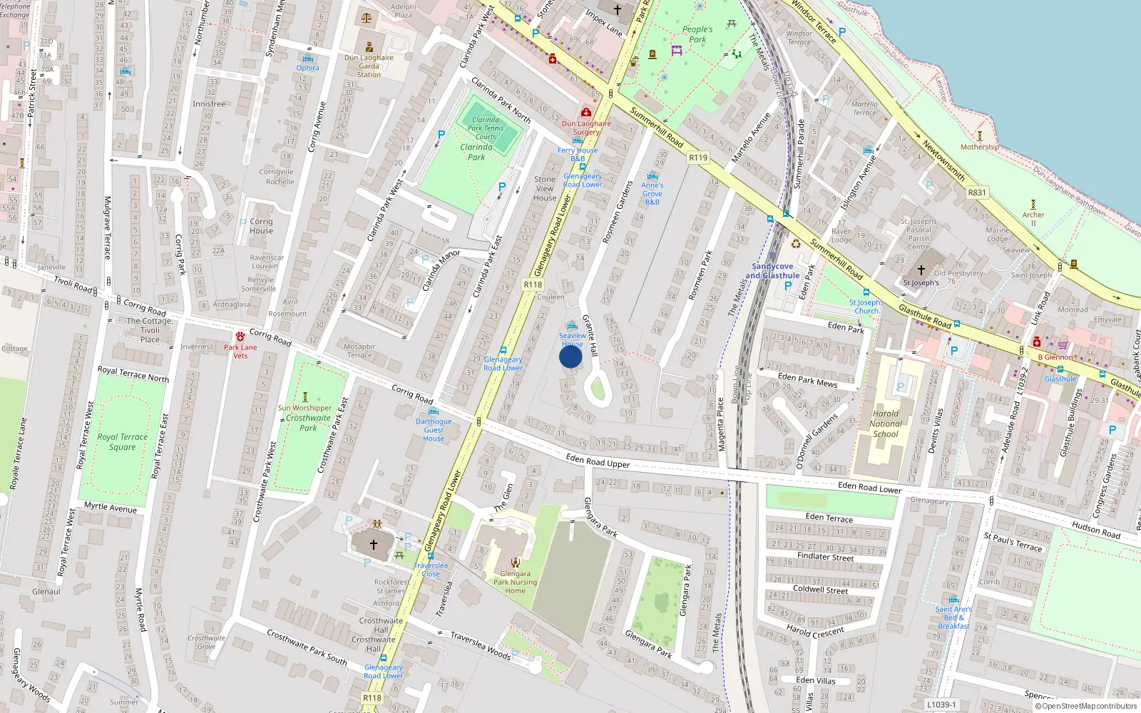 Overhead map showing the location of 4 Granite Hall, Rosmeen Gardens, Dun Laoghaire