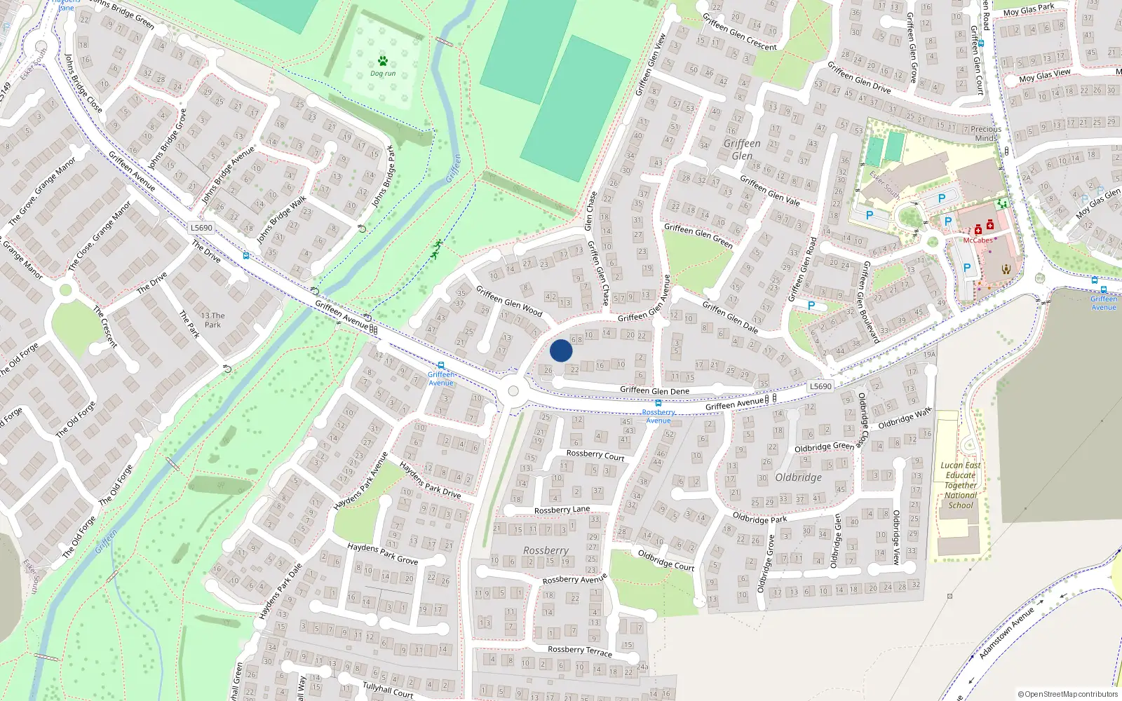 Overhead map showing the location of 4 Griffeen Glen Avenue, Lucan, Dublin