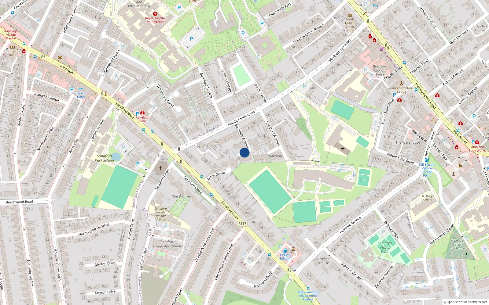 Overhead map showing the location of 4 Hampton Court, Donnybrook