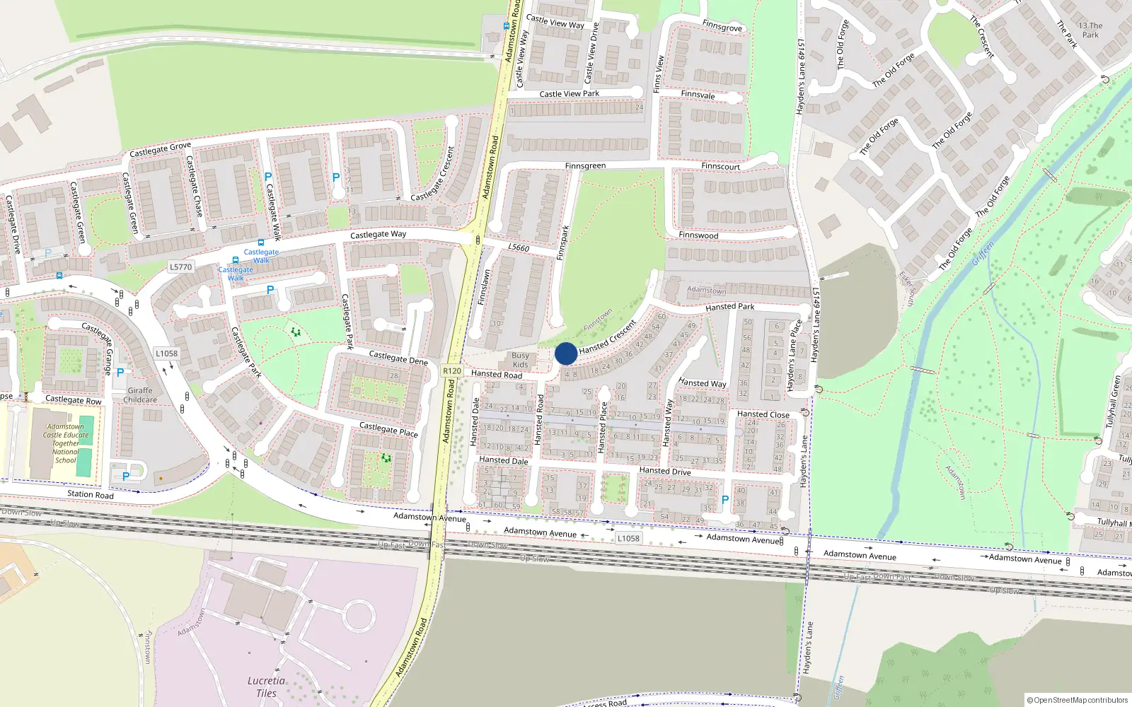Overhead map showing the location of 4 Hanstead Road, Finnstown, Lucan