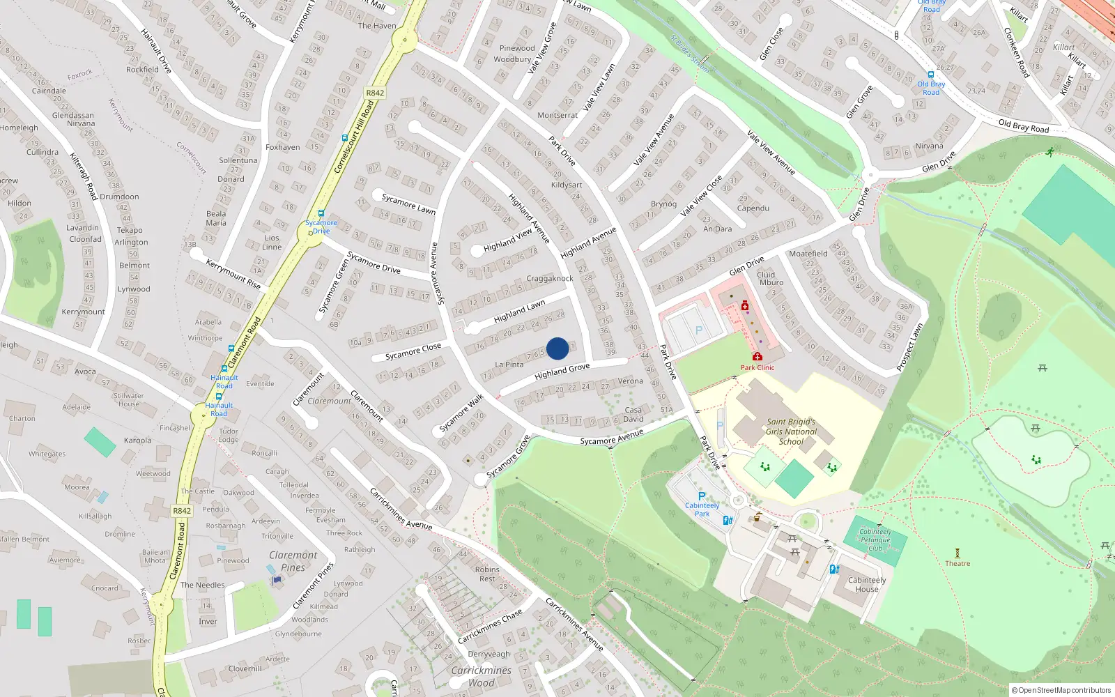 Overhead map showing the location of 4 Highland Grove, Dublin 18