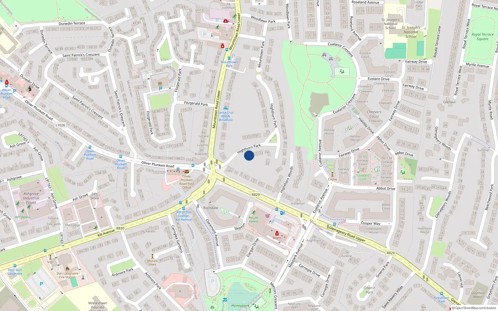 Overhead map showing the location of 4 Highthorn Park, Dun Laoghaire, Dublin