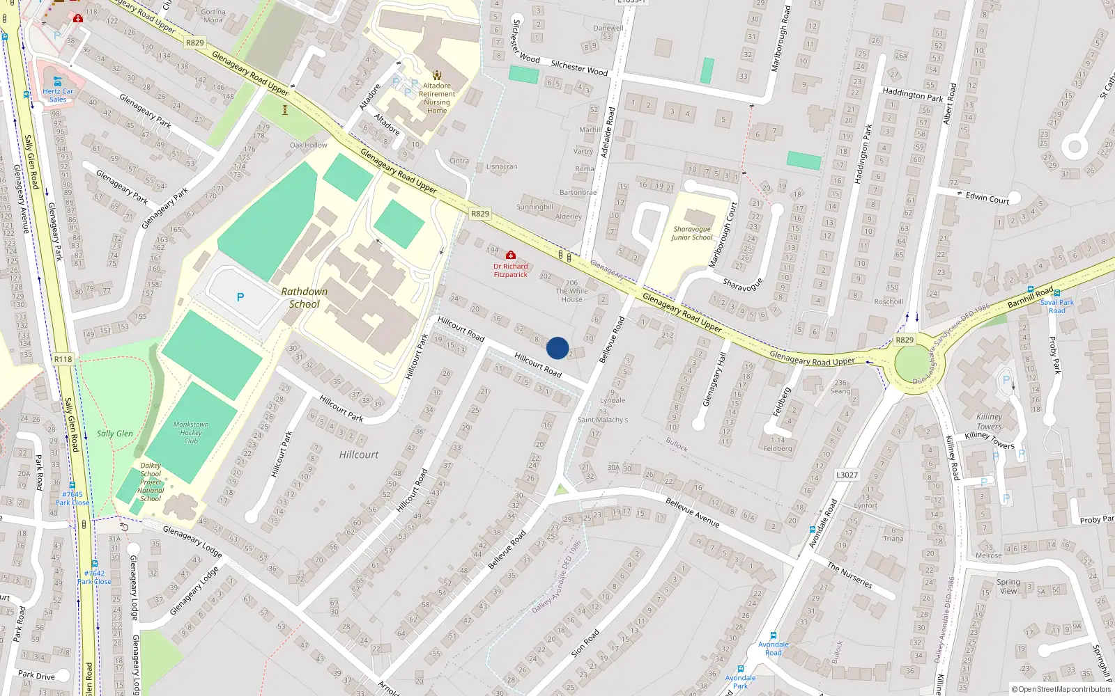 Overhead map showing the location of 4 Hillcourt Road, Dublin