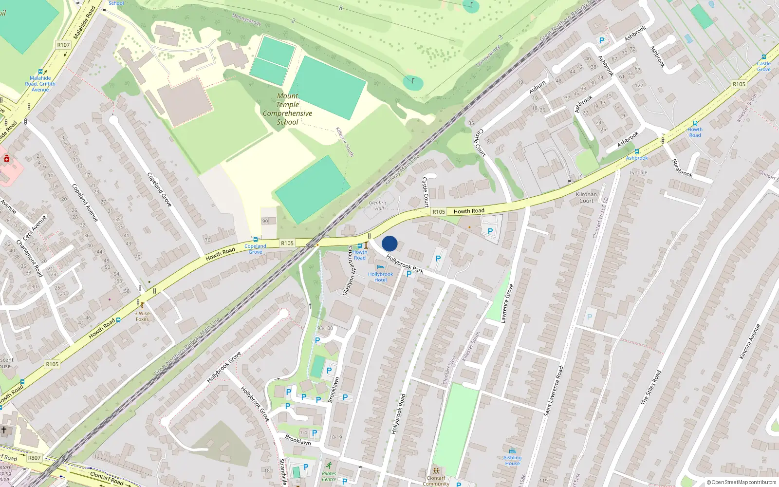 Overhead map showing the location of 4 Hollybrook Park, Clontarf, Dublin 3