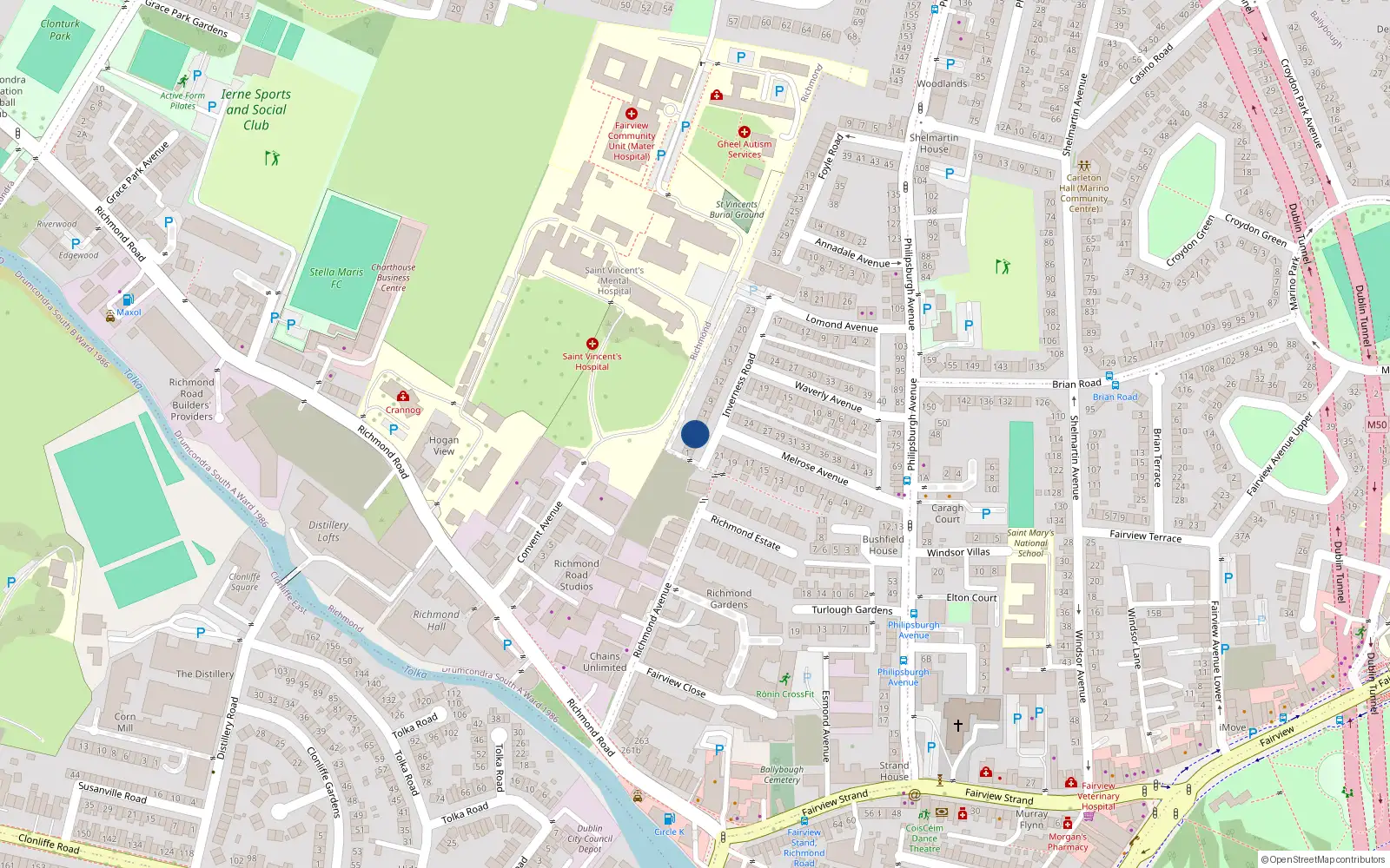 Overhead map showing the location of 4 Inverness Road, Dublin 3